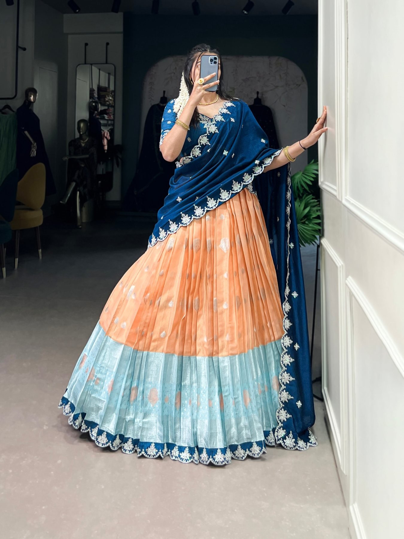Orange Weaving Sequin Wedding Lehenga Set — view 2