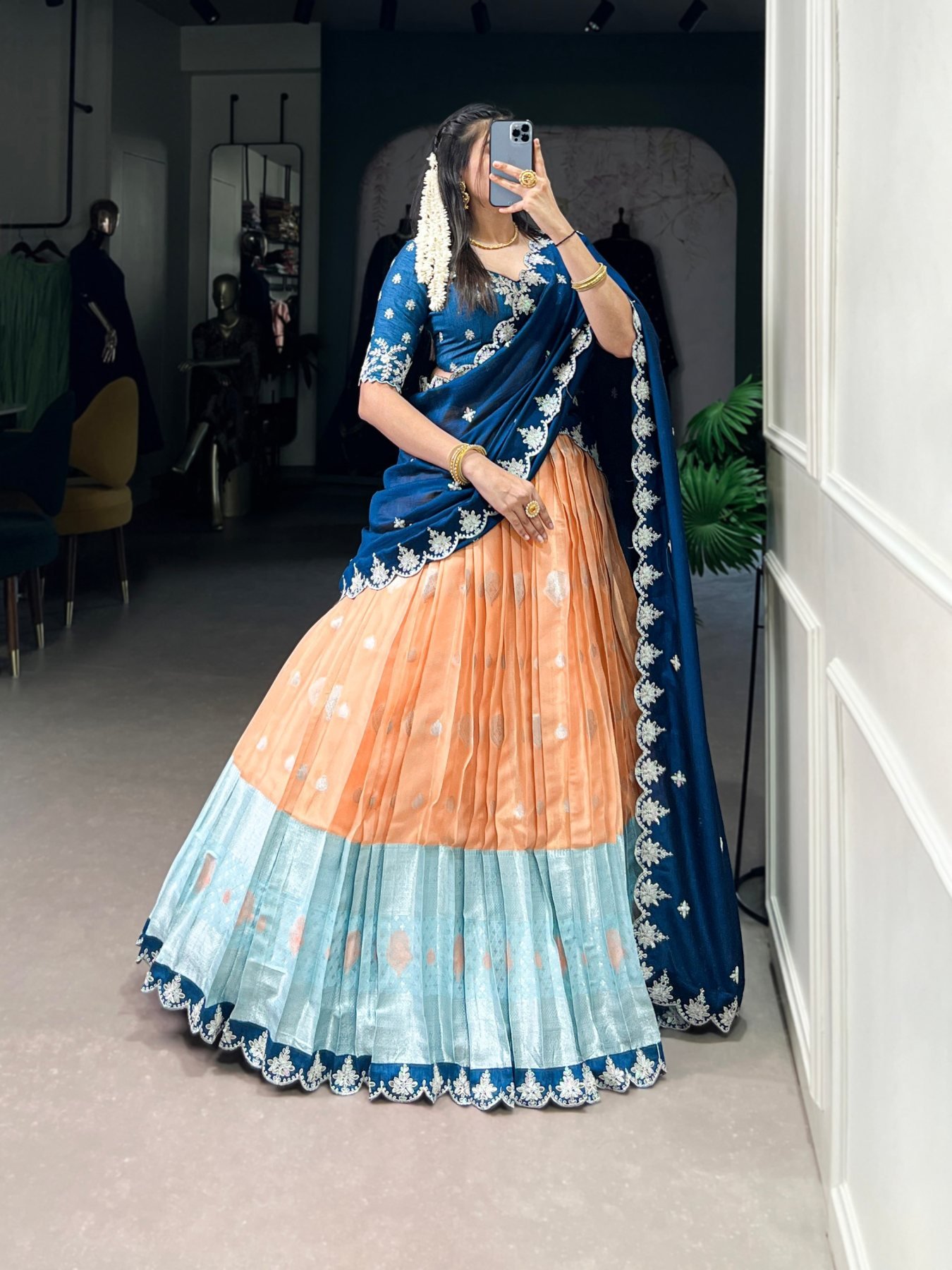 Orange Weaving Sequin Wedding Lehenga Set — view 3