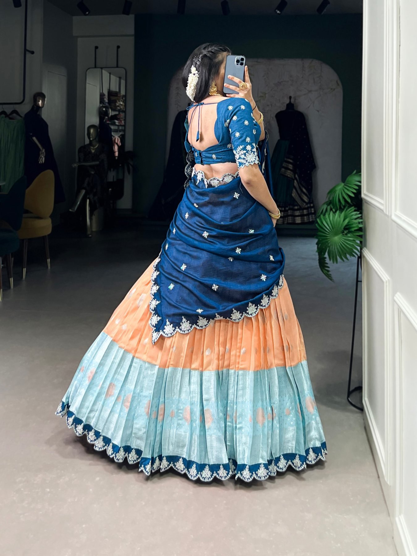 Orange Weaving Sequin Wedding Lehenga Set — view 4