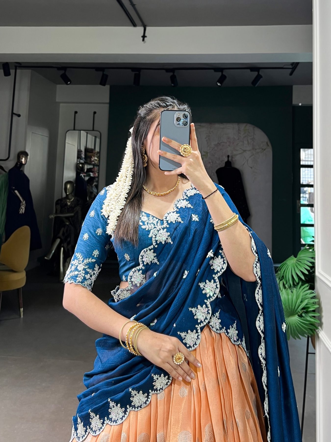 Orange Weaving Sequin Wedding Lehenga Set — view 5