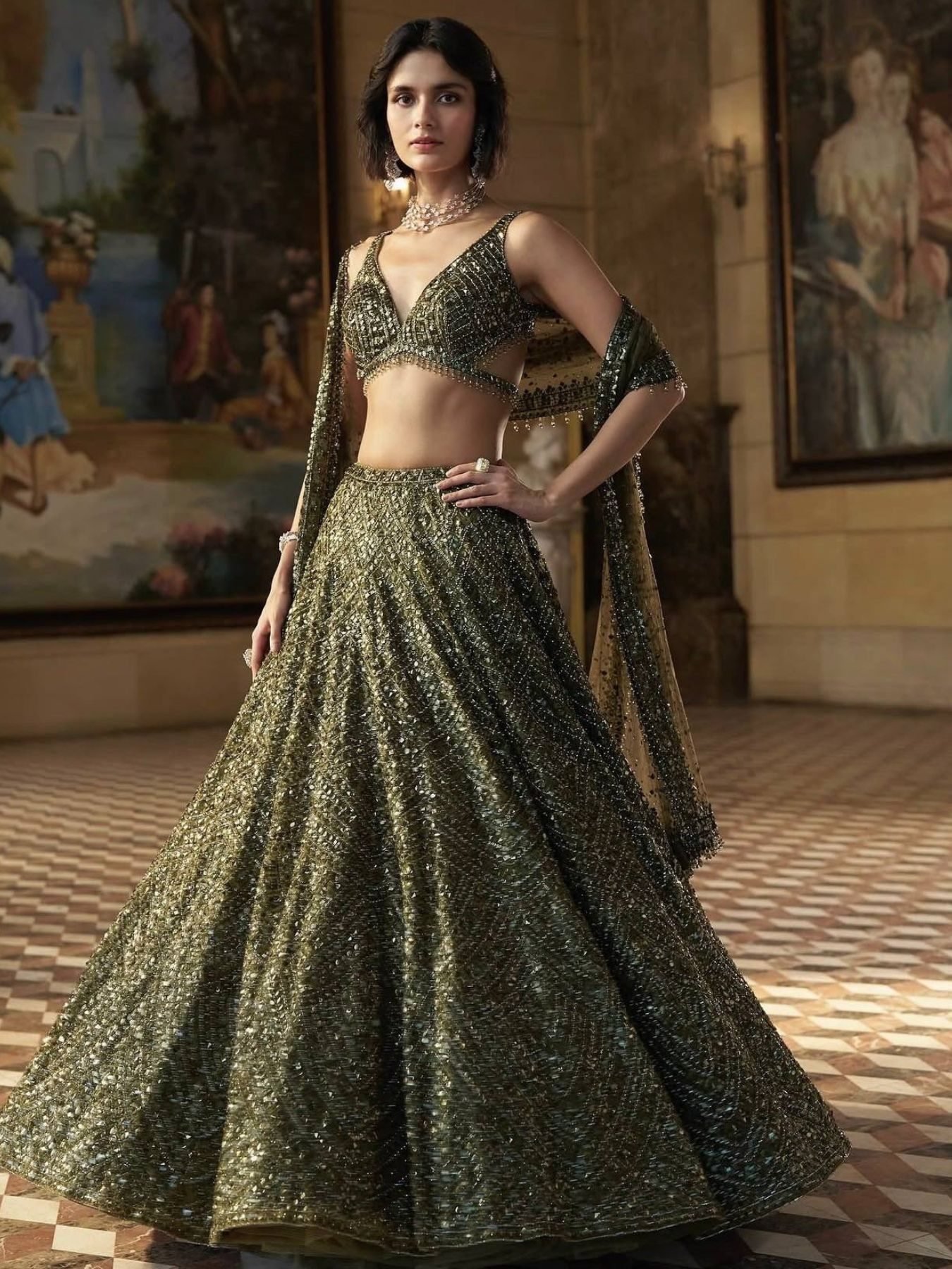 Olive Intricate Sequin Wedding Lehenga Set — view 1