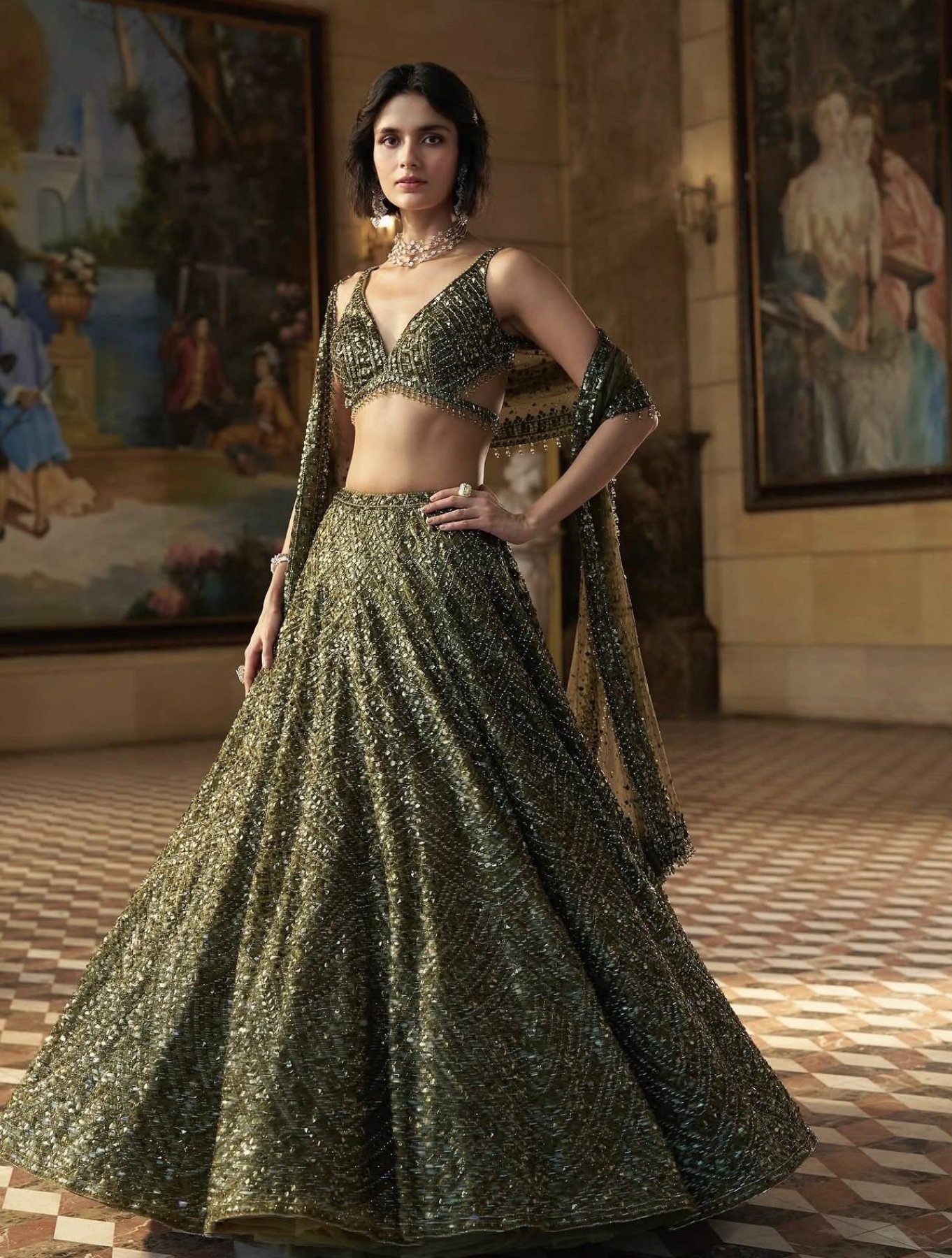 Olive Intricate Sequin Wedding Lehenga Set — view 2