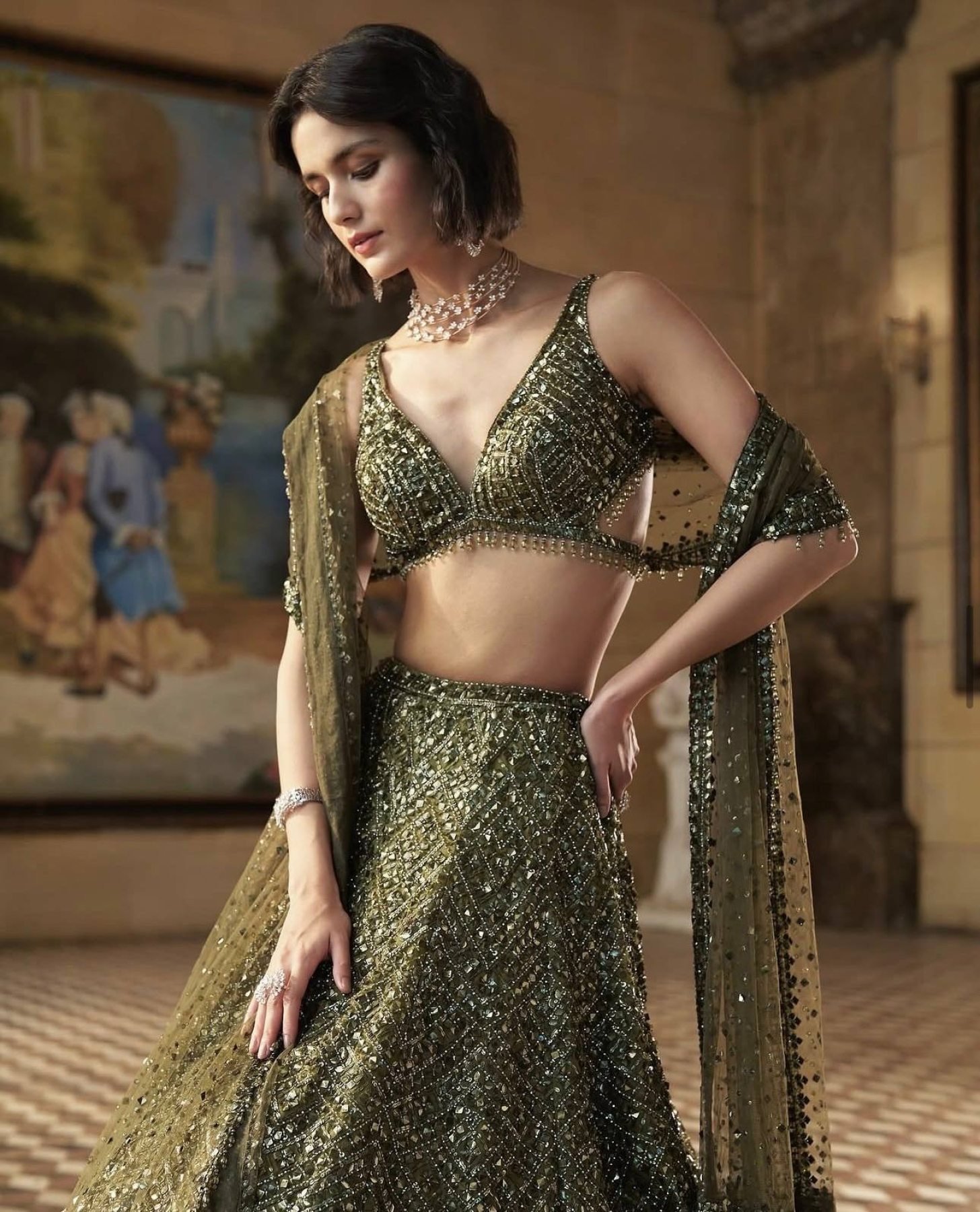 Olive Intricate Sequin Wedding Lehenga Set — view 3