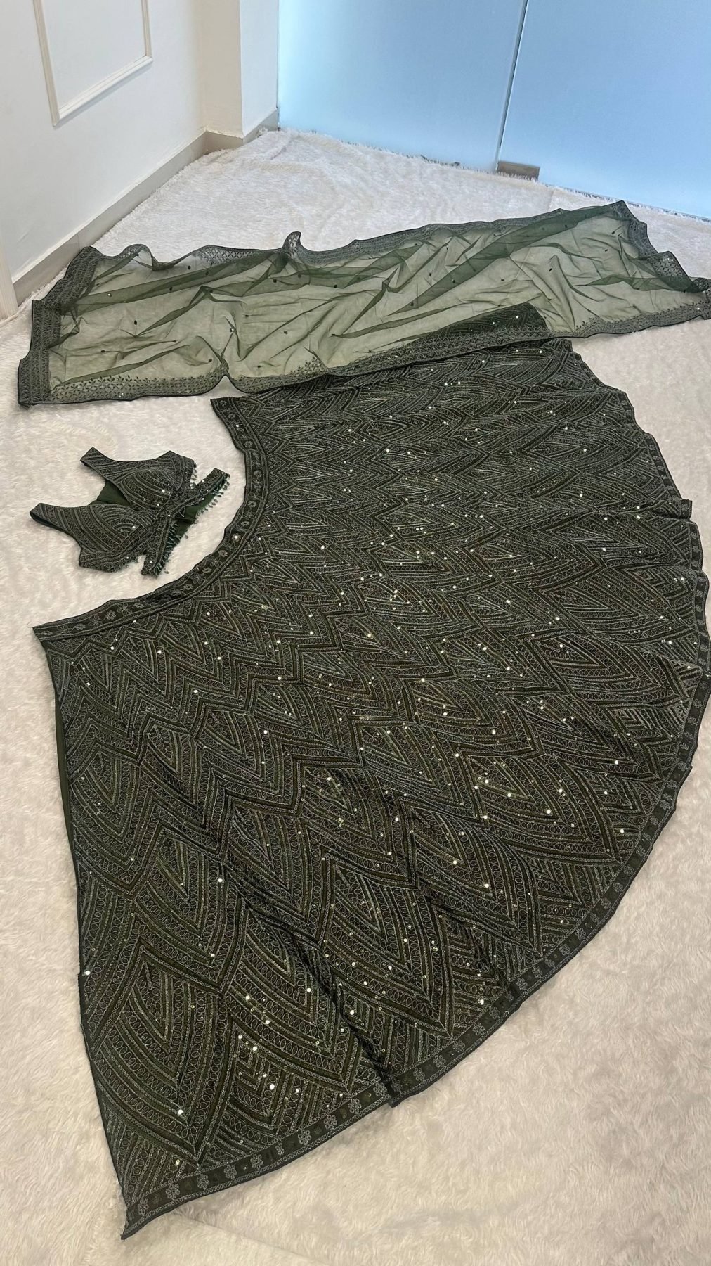 Olive Intricate Sequin Wedding Lehenga Set — view 4