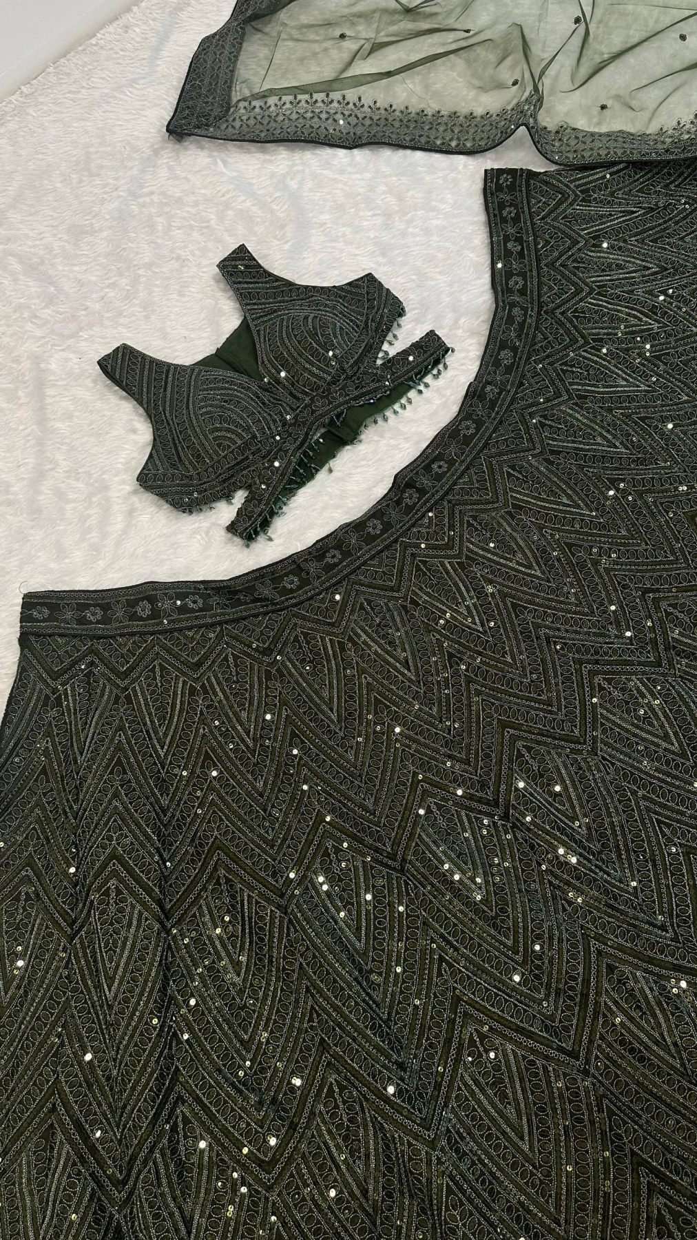 Olive Intricate Sequin Wedding Lehenga Set — view 5