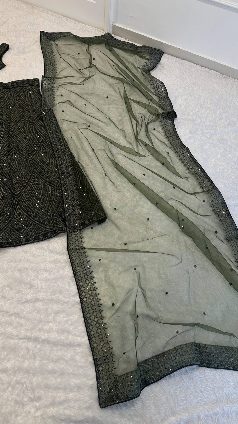 Olive Intricate Sequin Wedding Lehenga Set — view 6