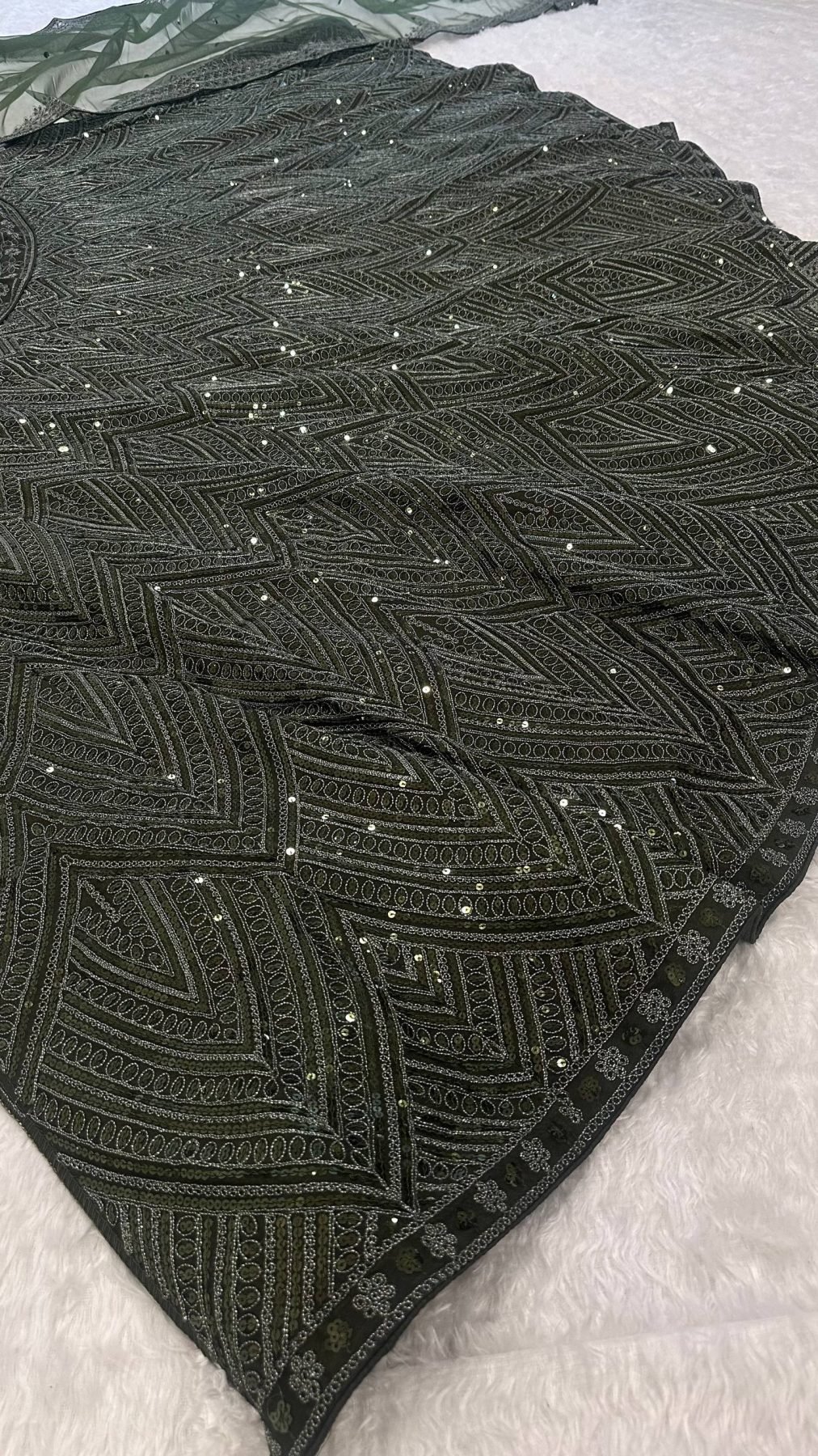 Olive Intricate Sequin Wedding Lehenga Set — view 7