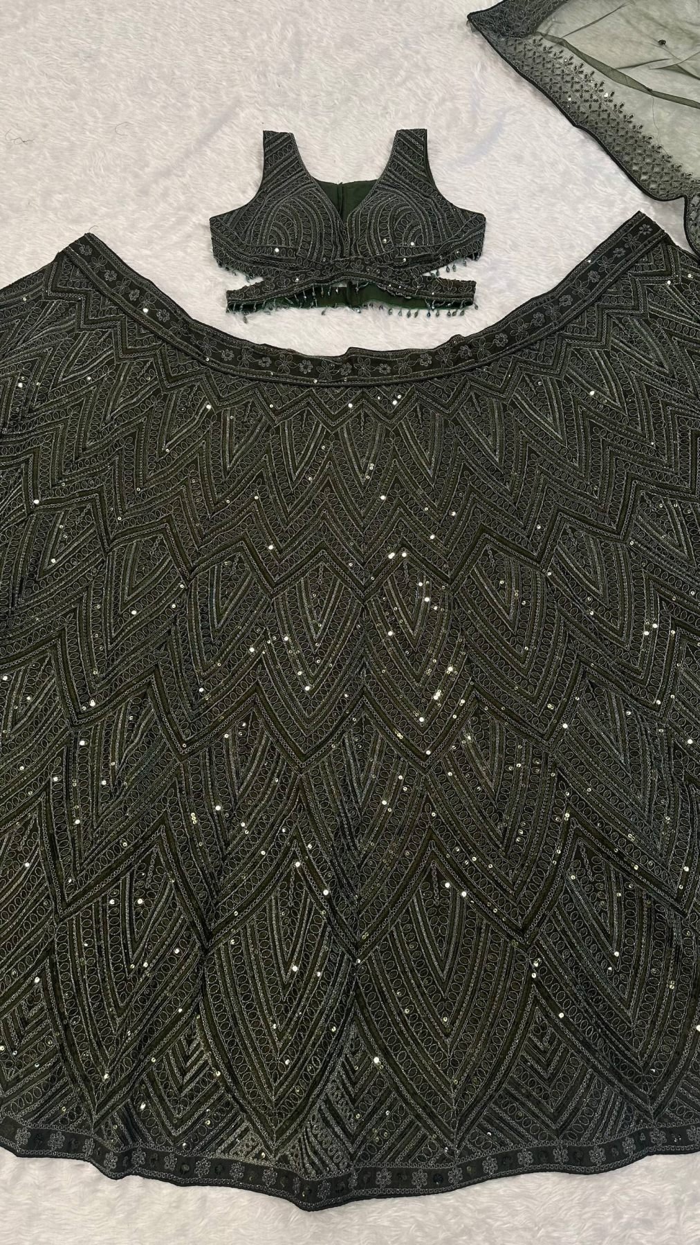Olive Intricate Sequin Wedding Lehenga Set — view 8