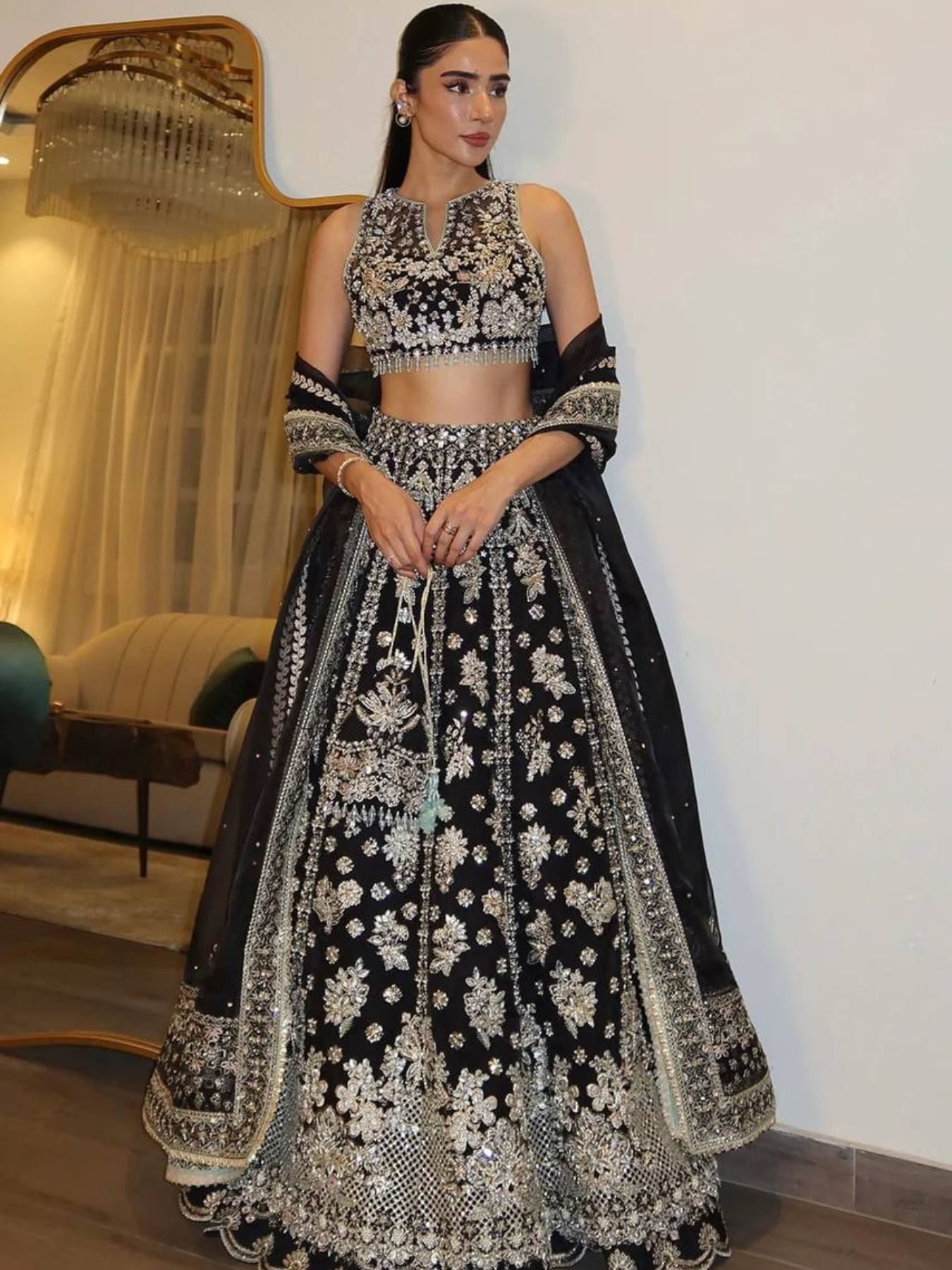 Black Chinon Silk Sequin Wedding Lehenga Set — view 1