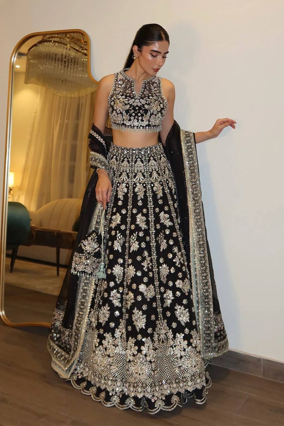 Black Chinon Silk Sequin Wedding Lehenga Set — view 2