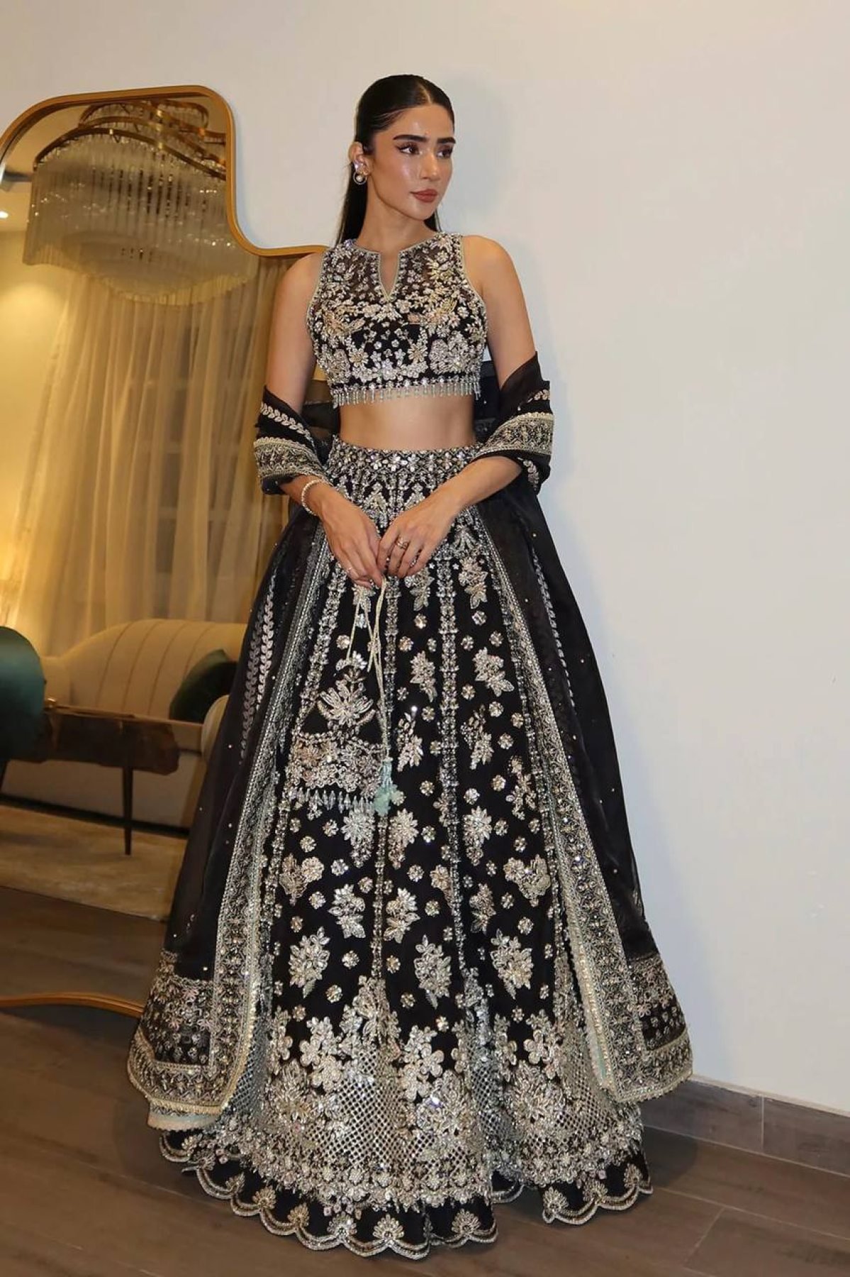 Black Chinon Silk Sequin Wedding Lehenga Set — view 3