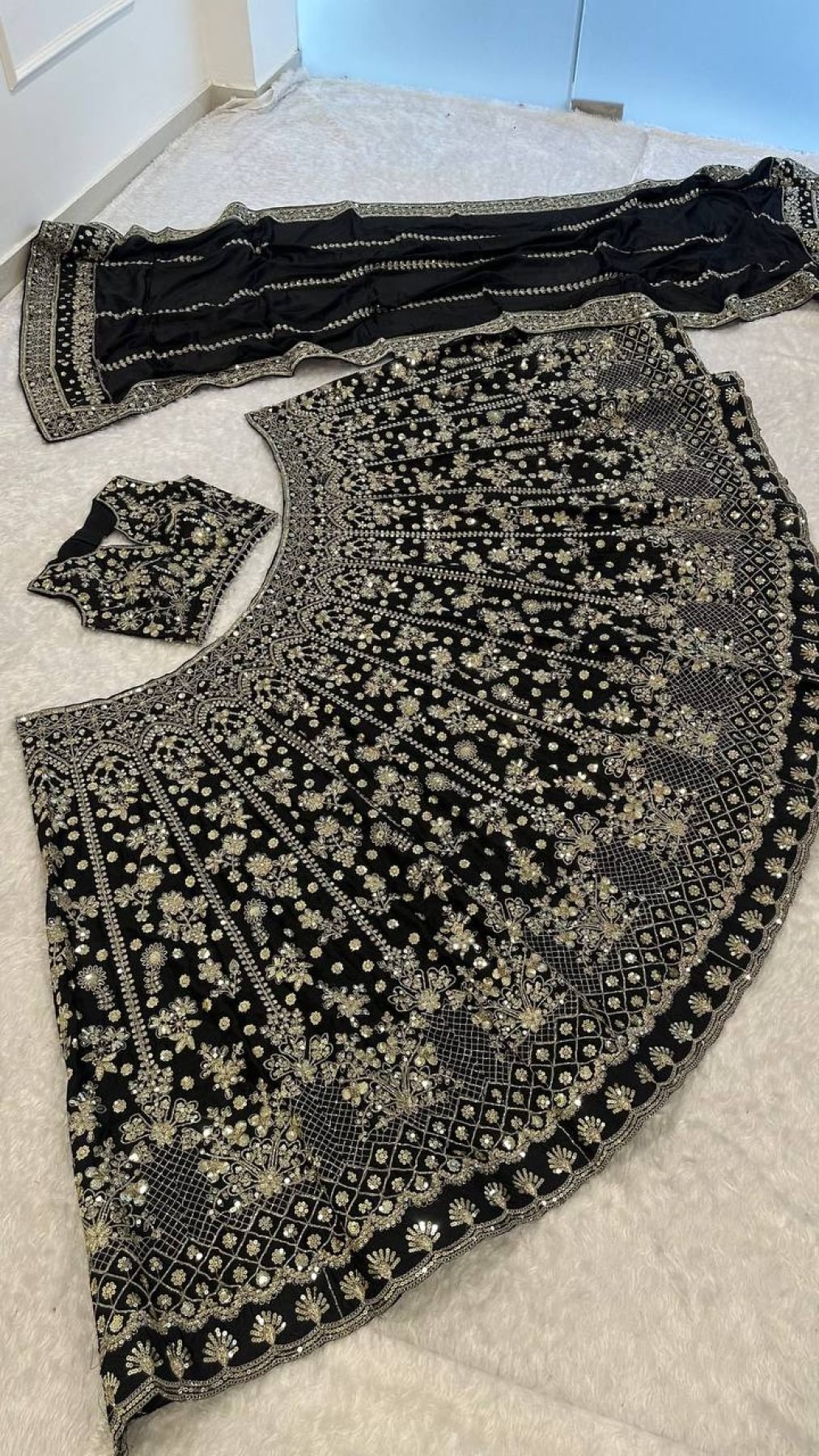 Black Chinon Silk Sequin Wedding Lehenga Set — view 5