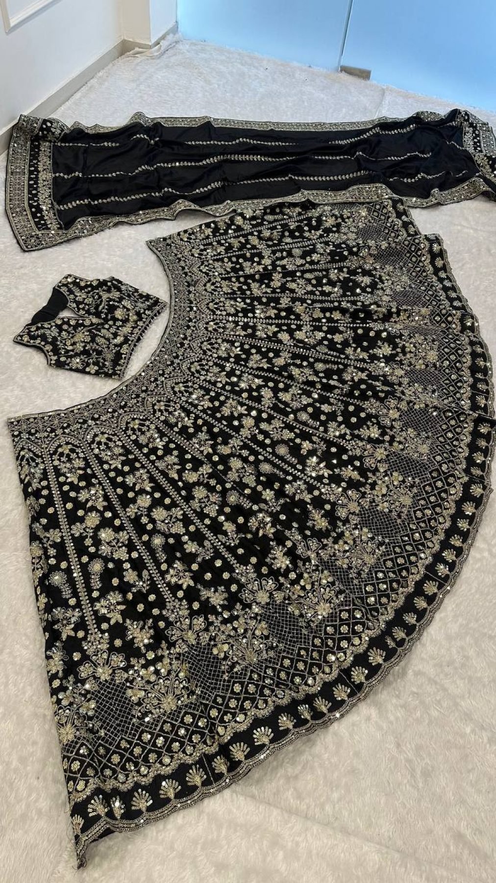 Black Chinon Silk Sequin Wedding Lehenga Set — view 7