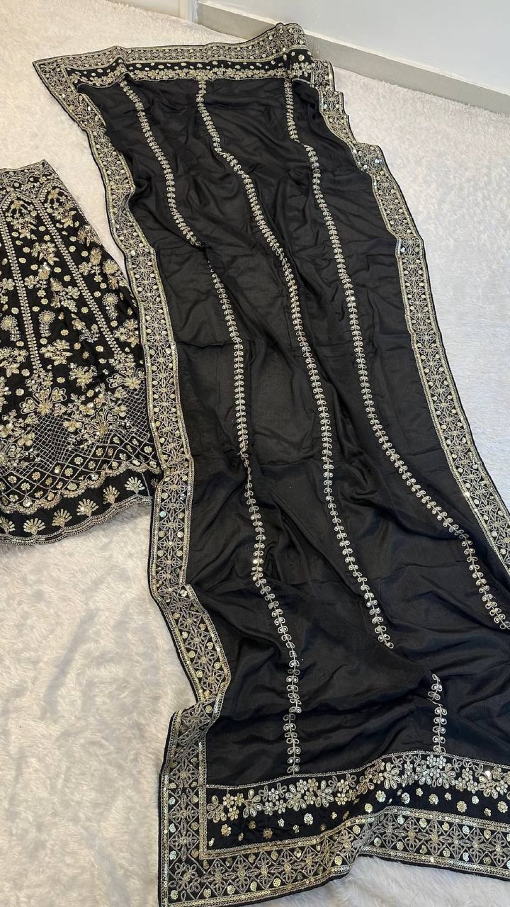 Black Chinon Silk Sequin Wedding Lehenga Set — view 9
