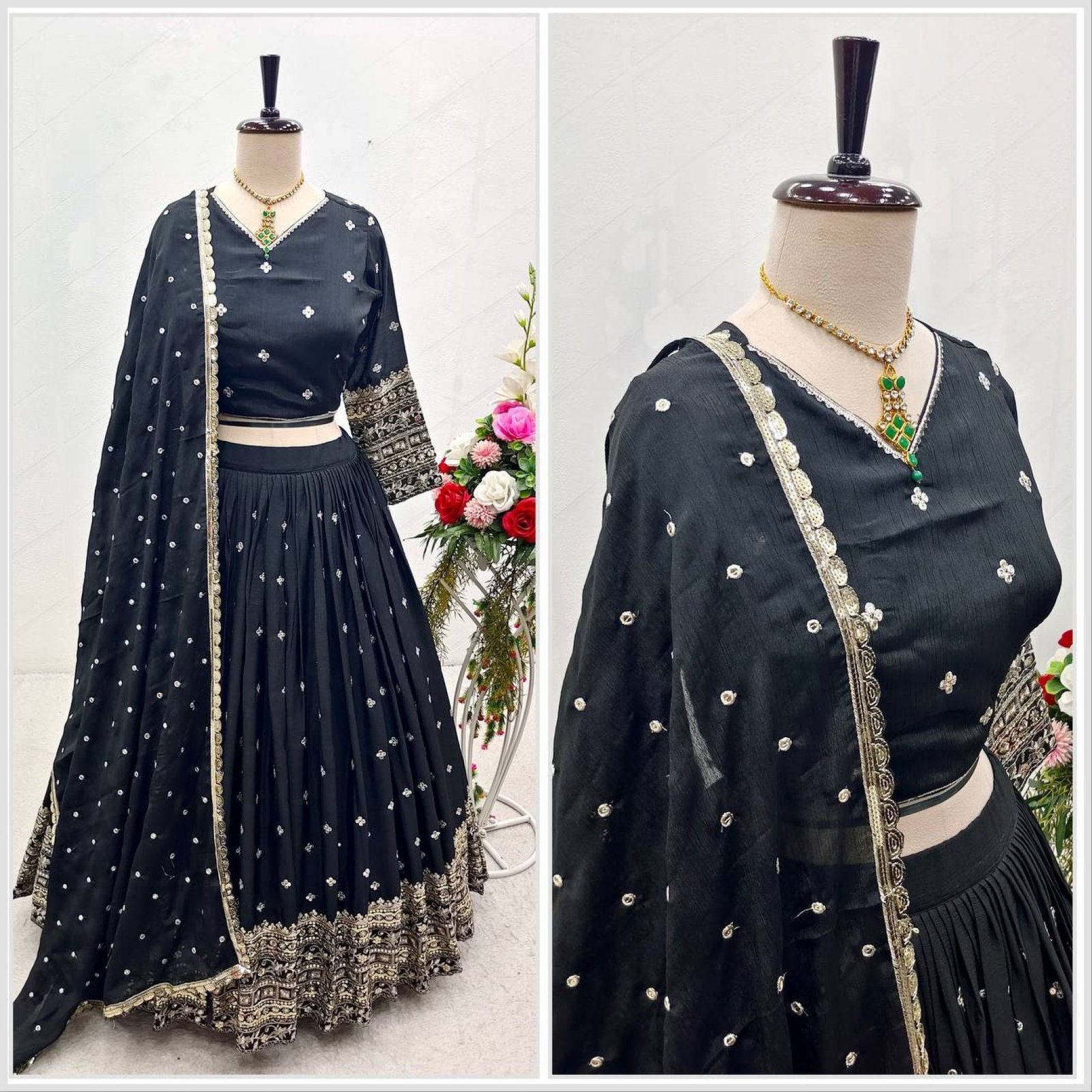 Black 3m Flair Sequin Wedding Lehenga Set — view 4