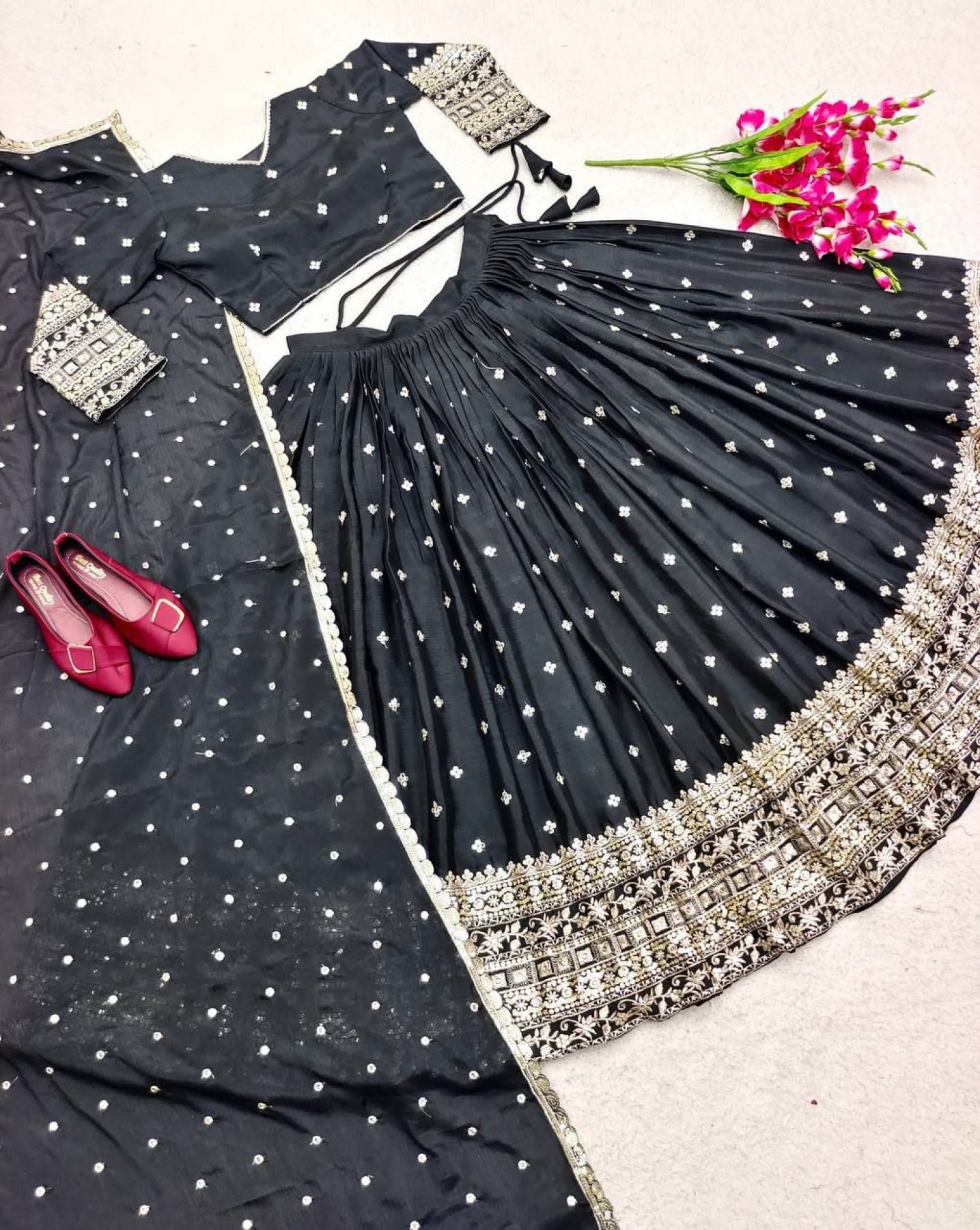 Black 3m Flair Sequin Wedding Lehenga Set — view 5