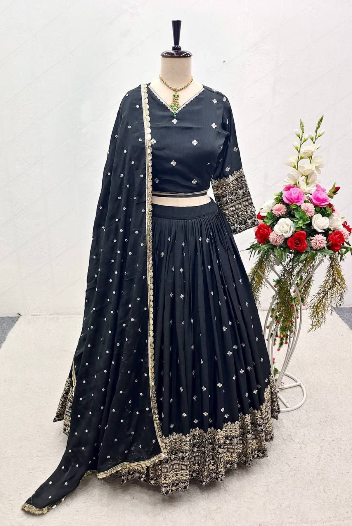Black 3m Flair Sequin Wedding Lehenga Set — view 6