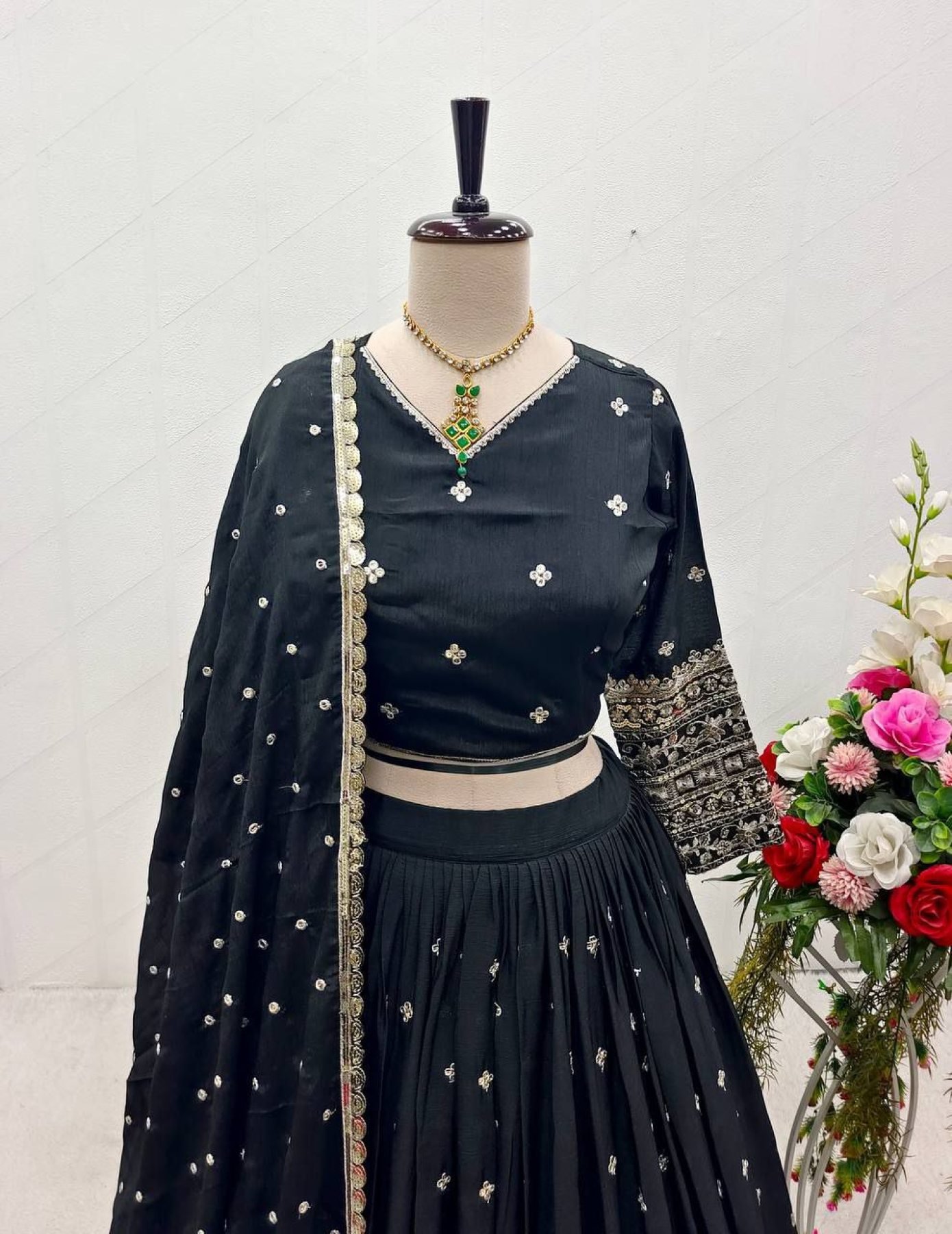 Black 3m Flair Sequin Wedding Lehenga Set — view 7