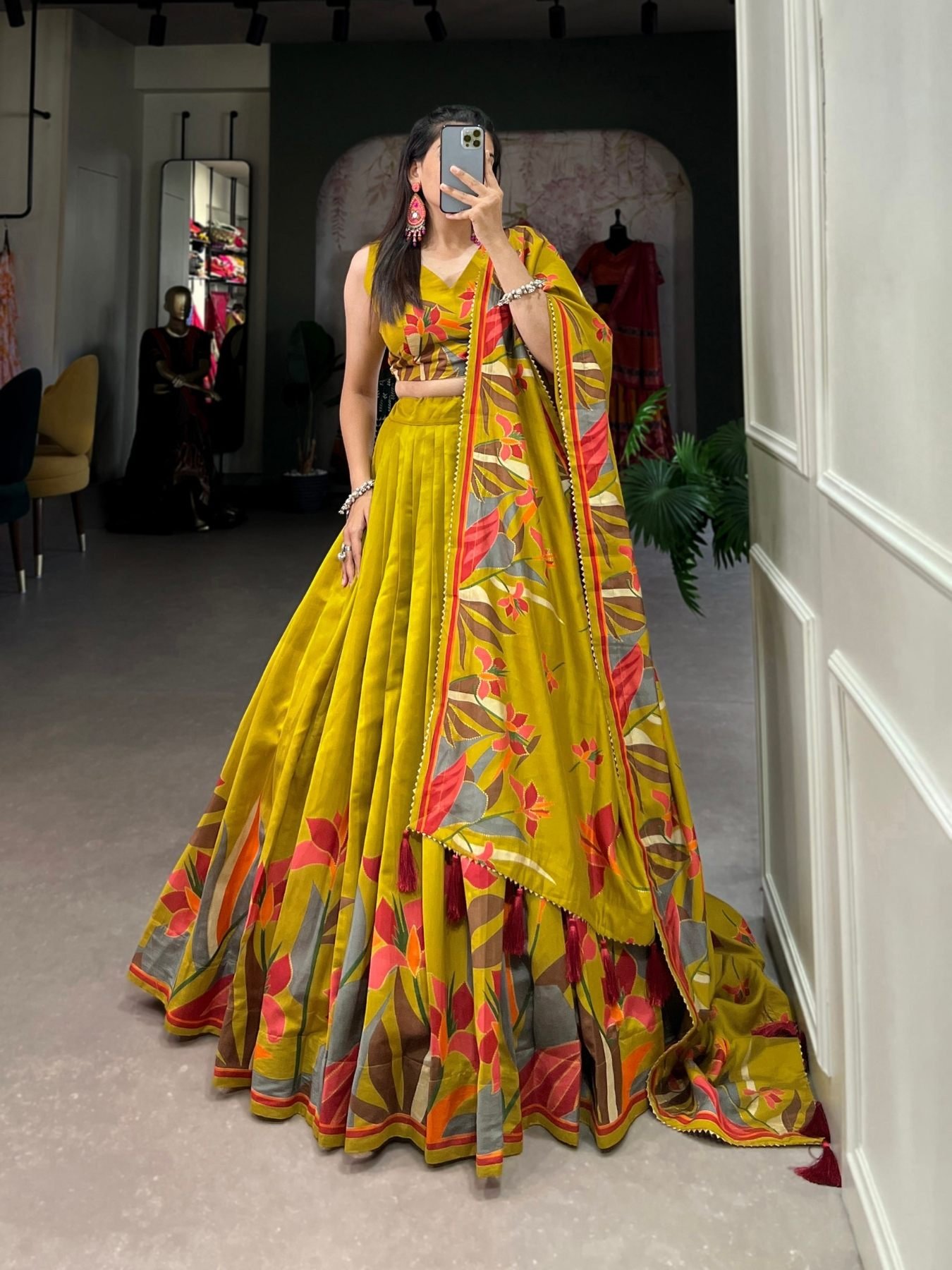 Mustard Printed Wedding Lehenga Set — view 1