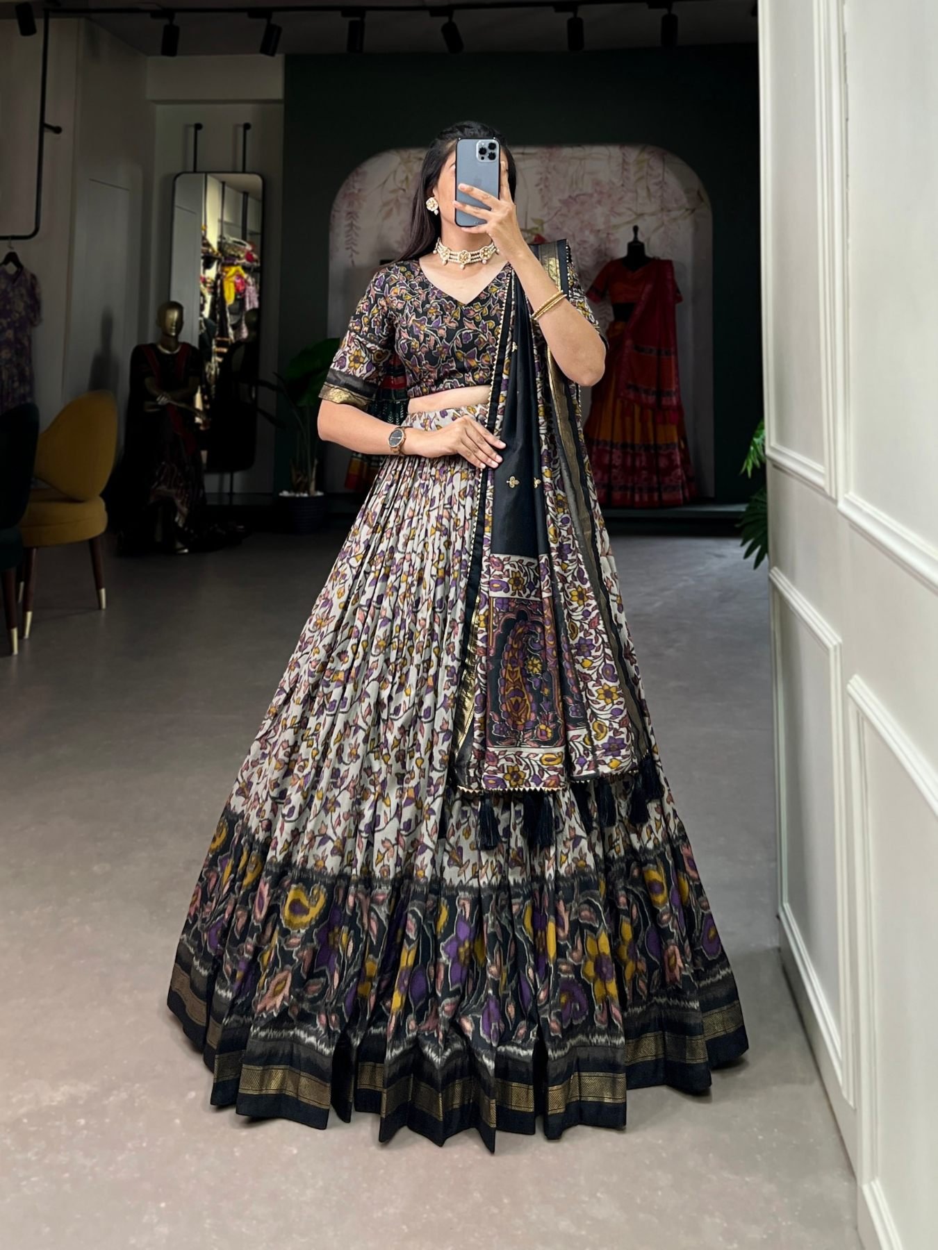 Black Printed Wedding Lehenga Set — view 1