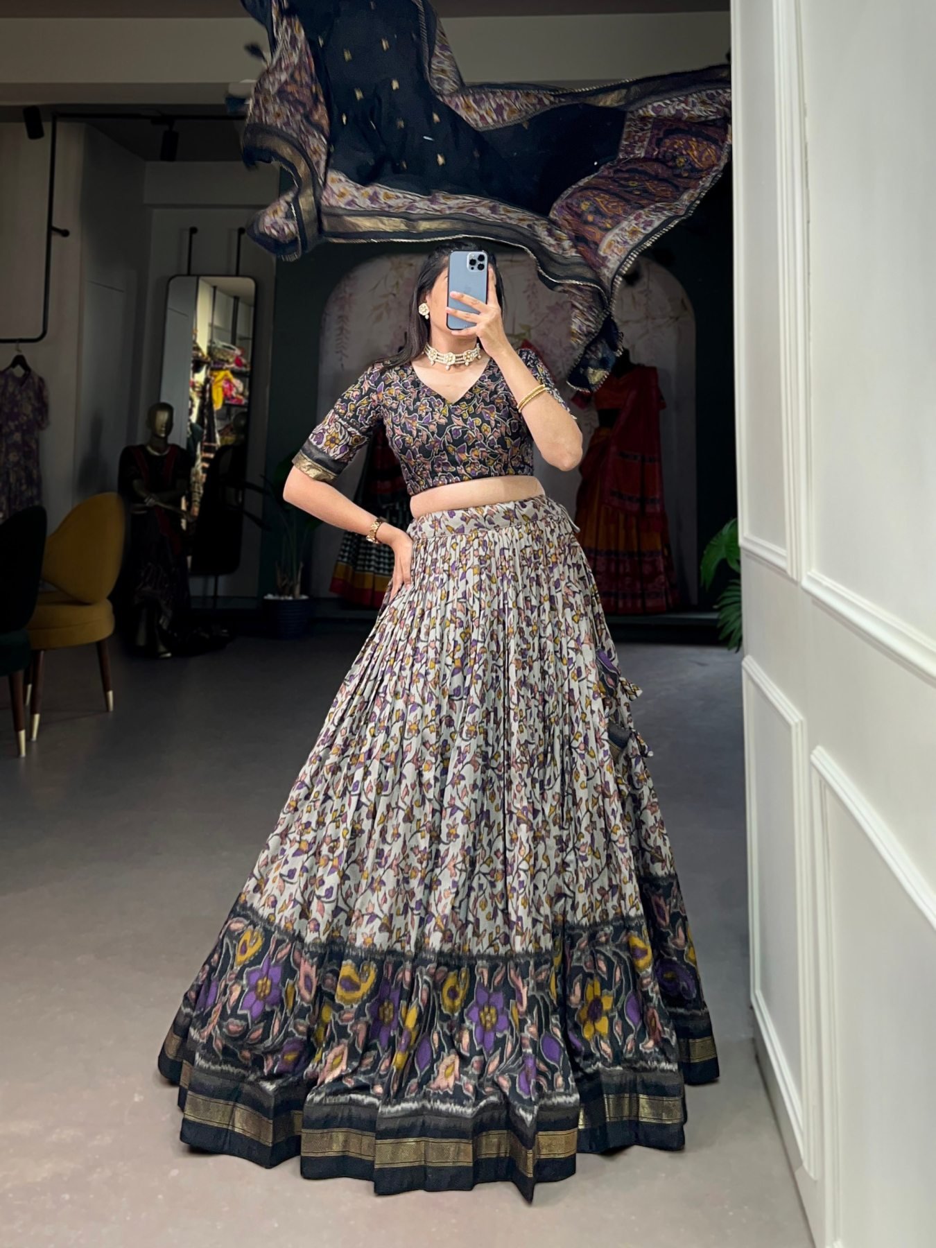 Black Printed Wedding Lehenga Set — view 3