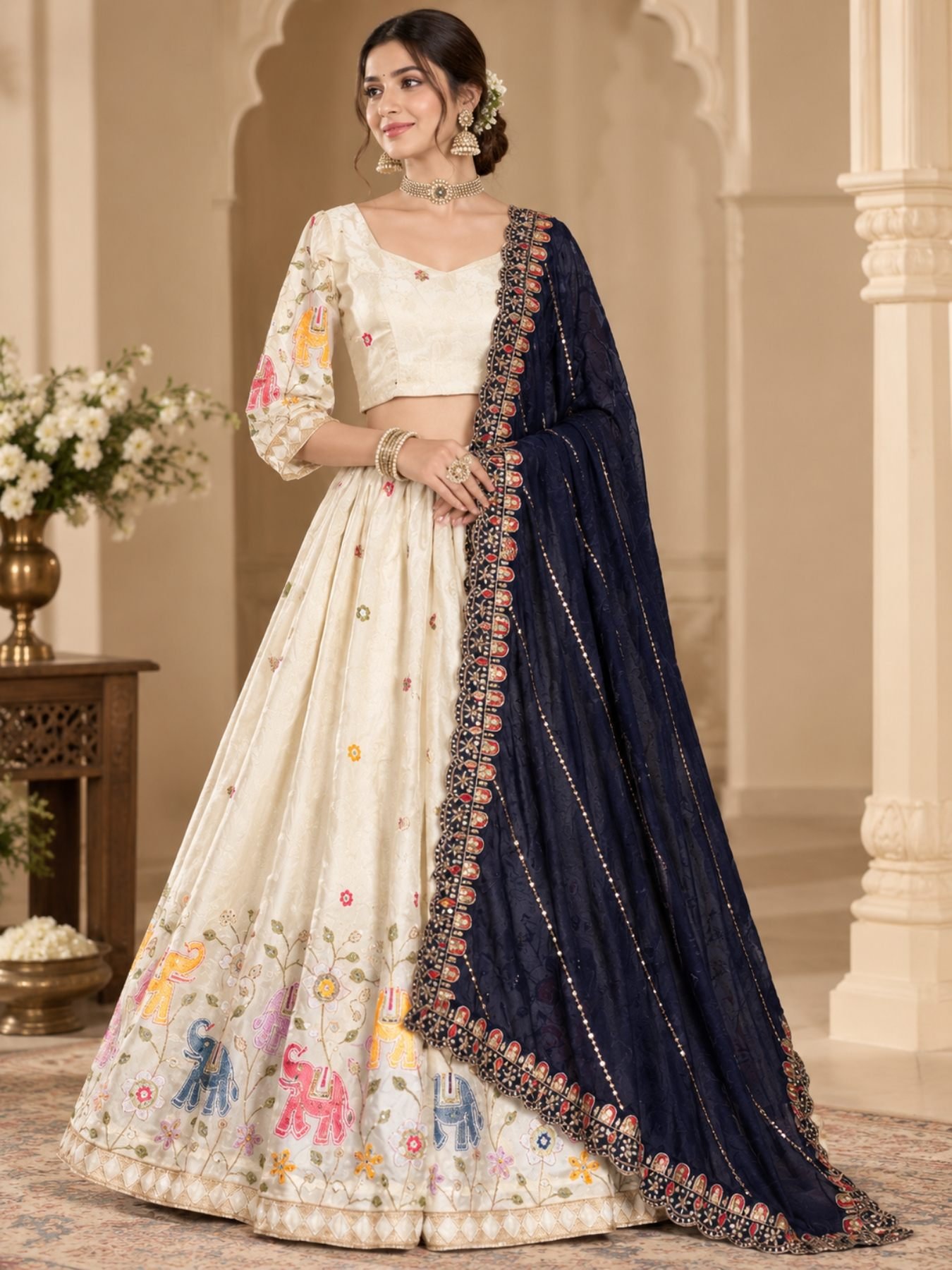 White Sequin Lehenga Set with Blue Dupatta — view 1