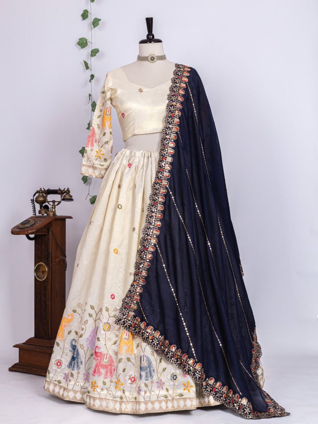 White Sequin Lehenga Set with Blue Dupatta — view 3