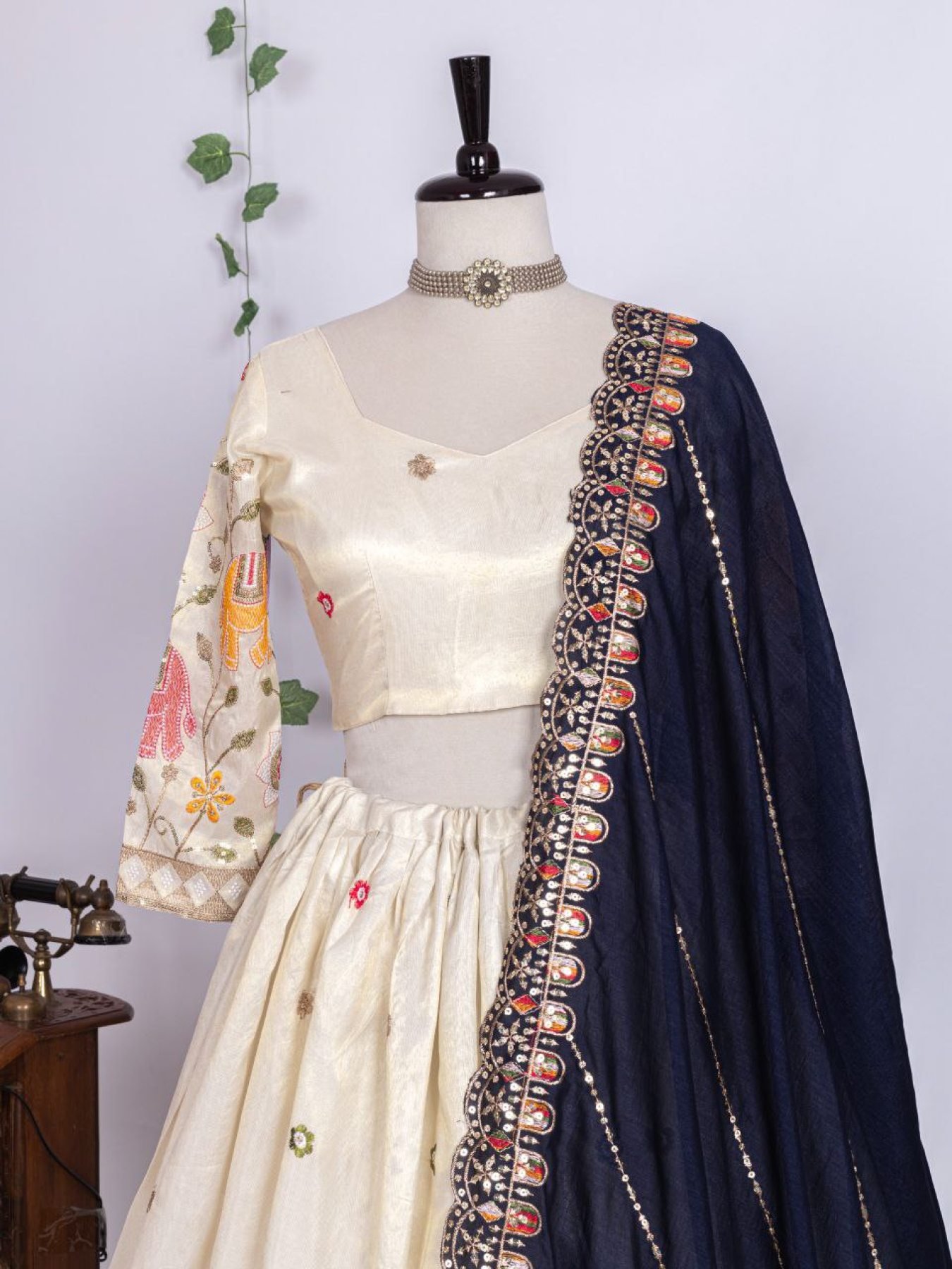 White Sequin Lehenga Set with Blue Dupatta — view 4