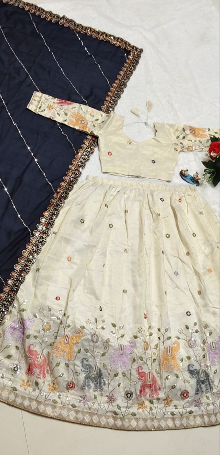 White Sequin Lehenga Set with Blue Dupatta — view 5