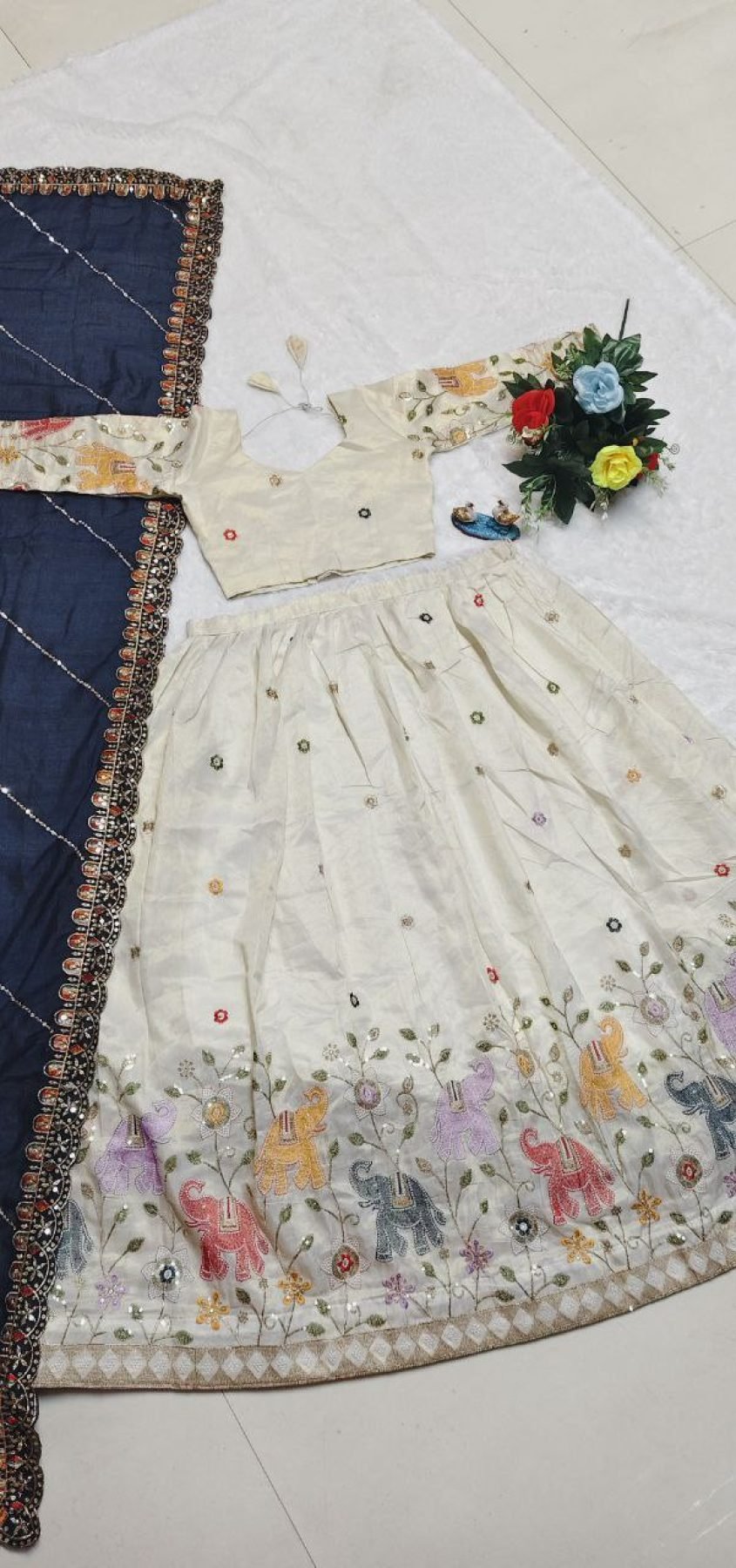 White Sequin Lehenga Set with Blue Dupatta — view 6