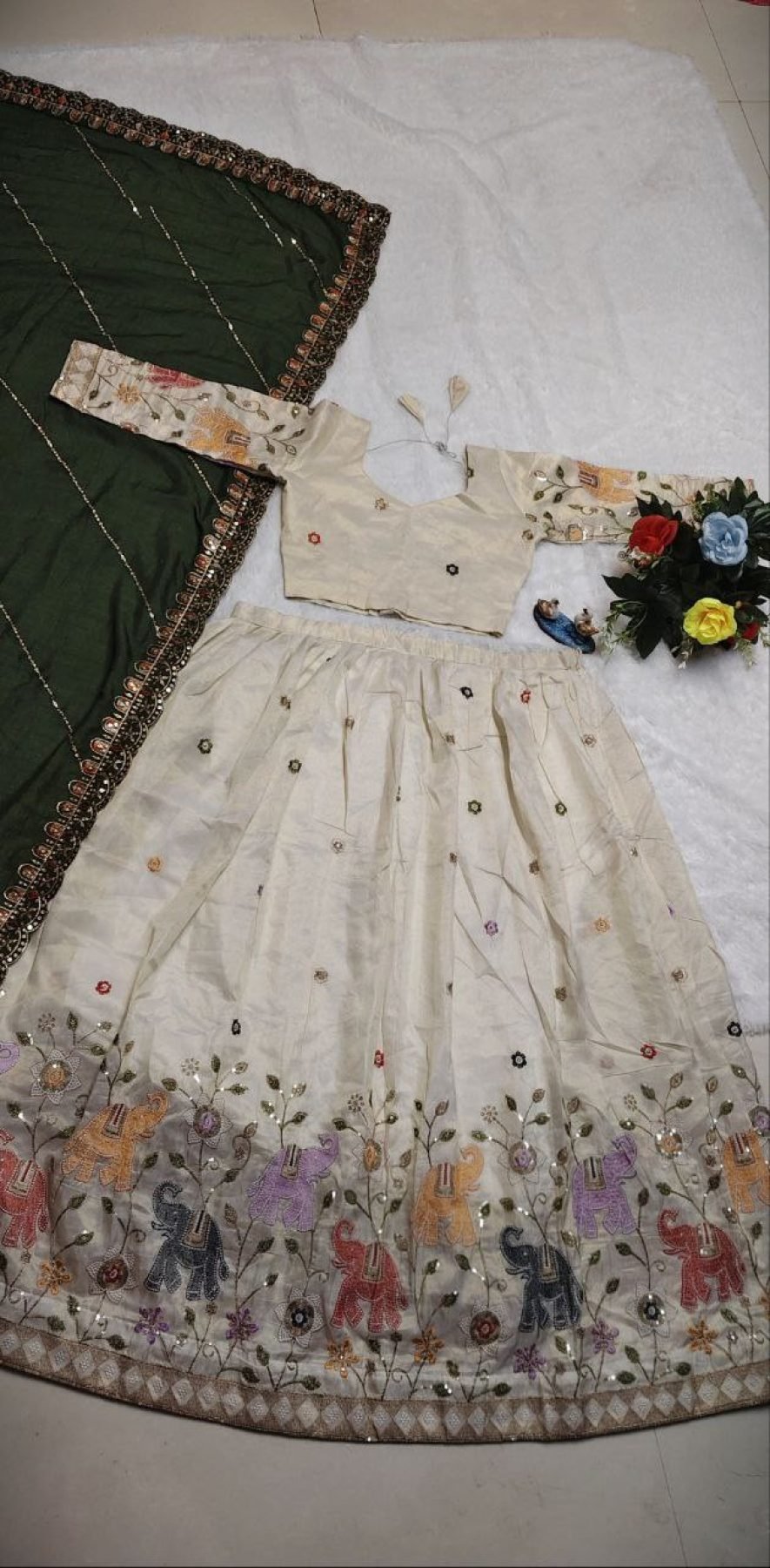 White Sequin Lehenga Set with Blue Dupatta — view 7