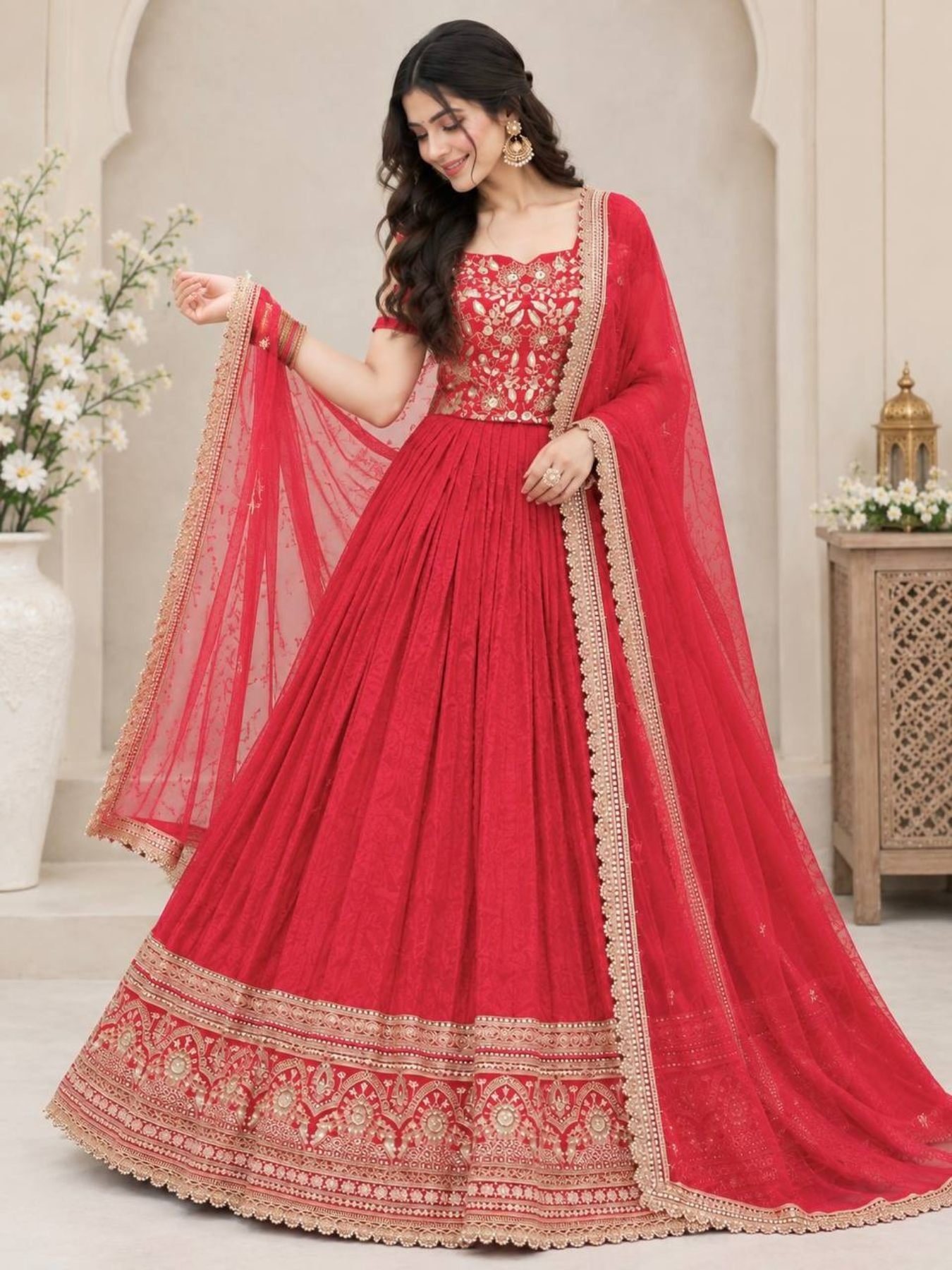 Red Coding Sequin Wedding Lehenga Set — view 1