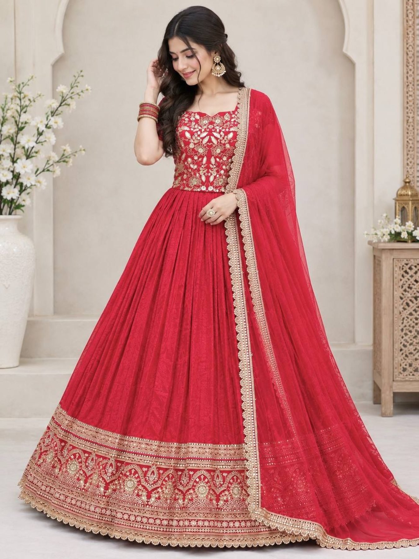 Red Coding Sequin Wedding Lehenga Set — view 3