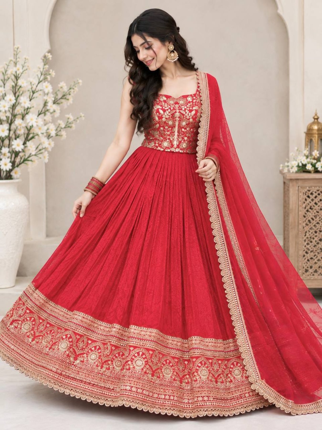 Red Coding Sequin Wedding Lehenga Set — view 4