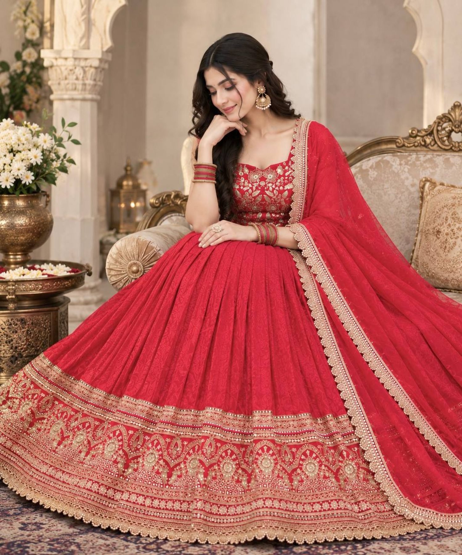 Red Coding Sequin Wedding Lehenga Set — view 5