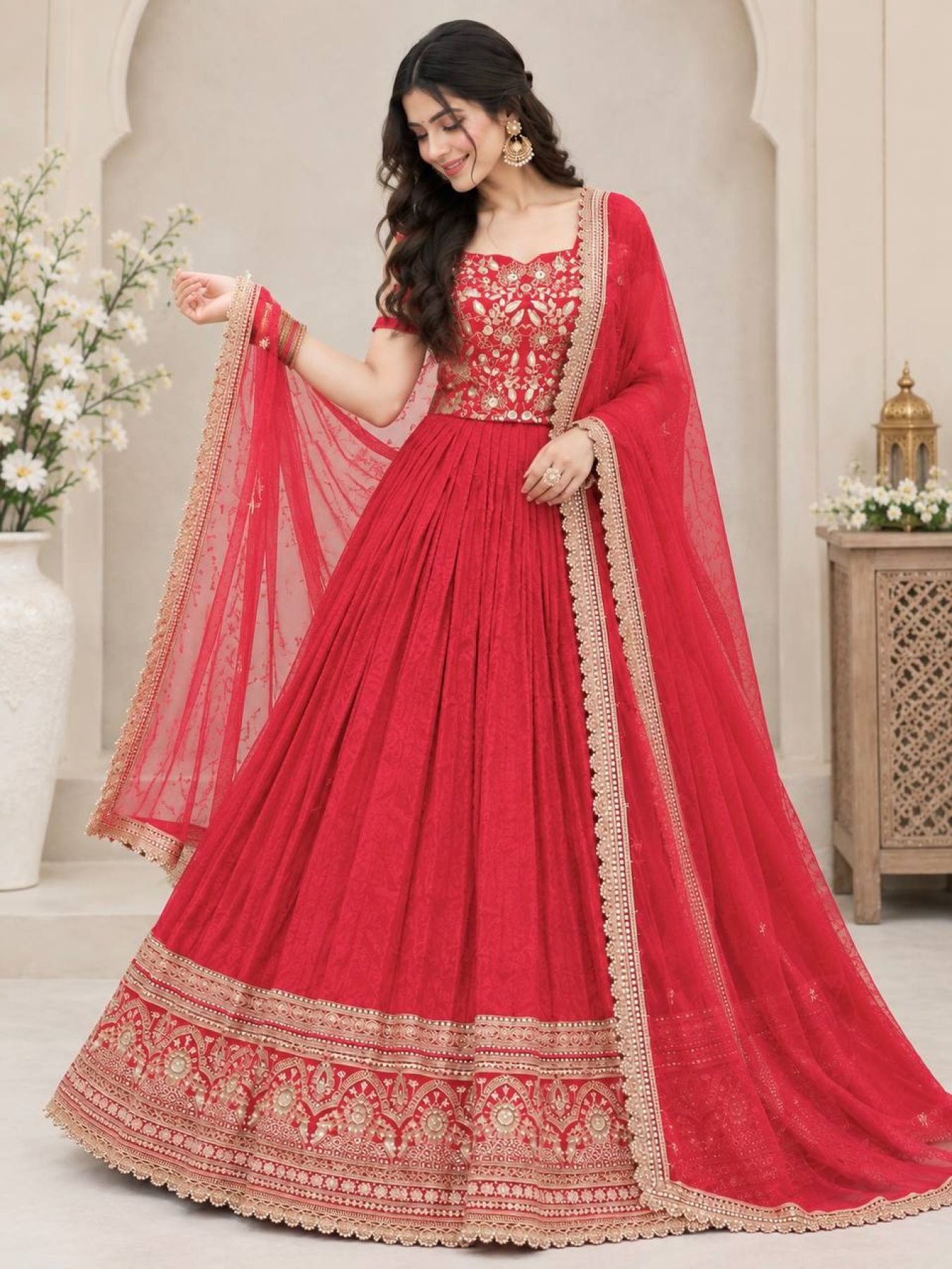 Red Coding Sequin Wedding Lehenga Set — view 6