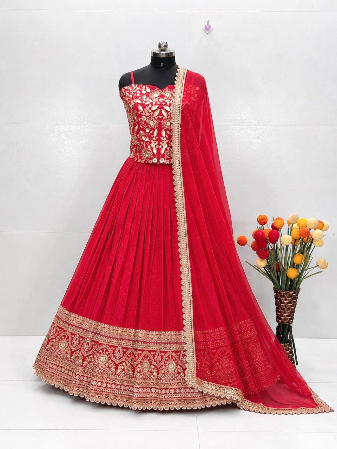 Red Coding Sequin Wedding Lehenga Set — view 7
