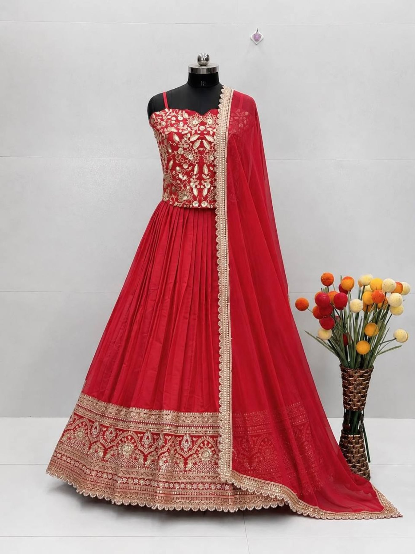 Red Coding Sequin Wedding Lehenga Set — view 8