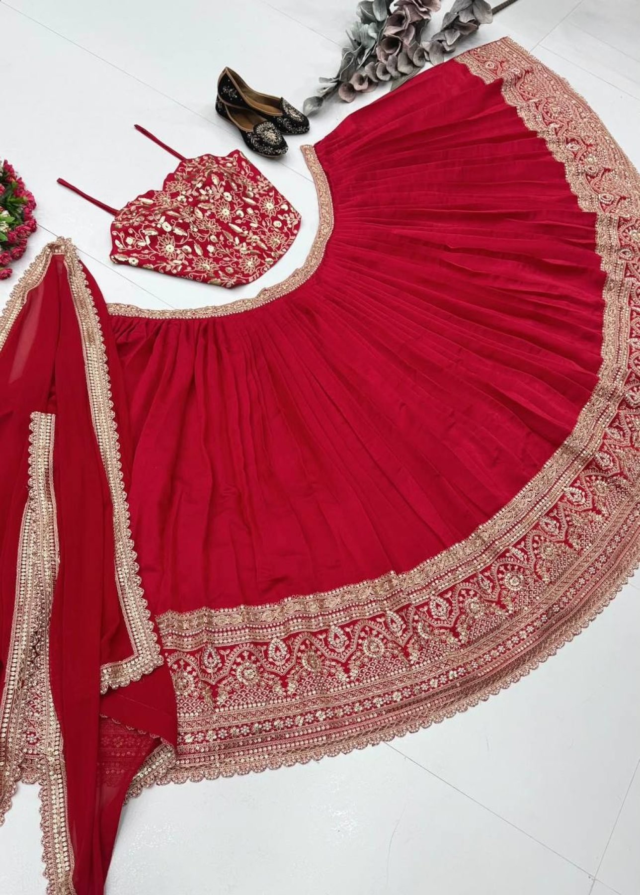 Red Coding Sequin Wedding Lehenga Set — view 9