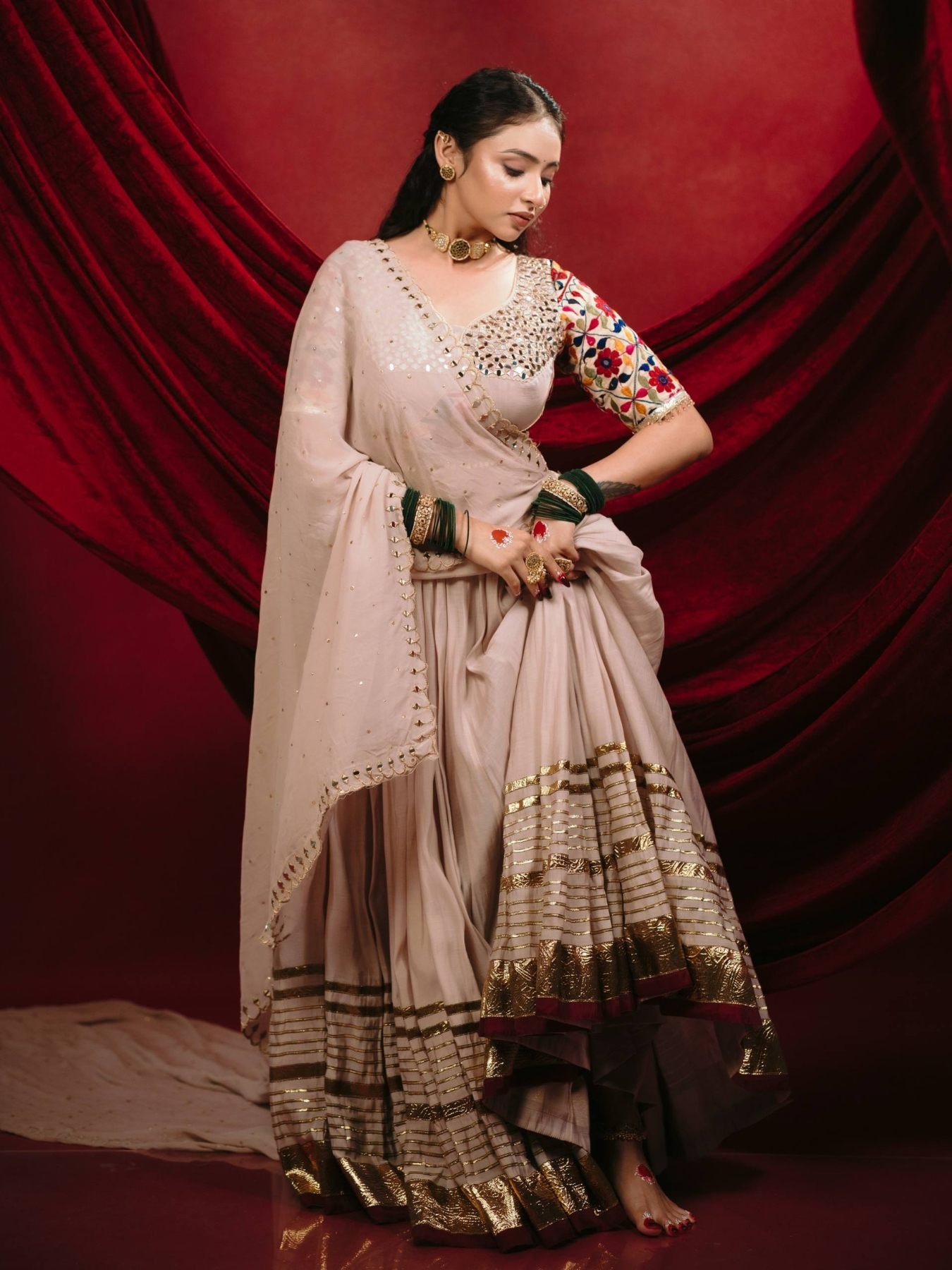 Cream Kota Thread Lehenga Set — view 1