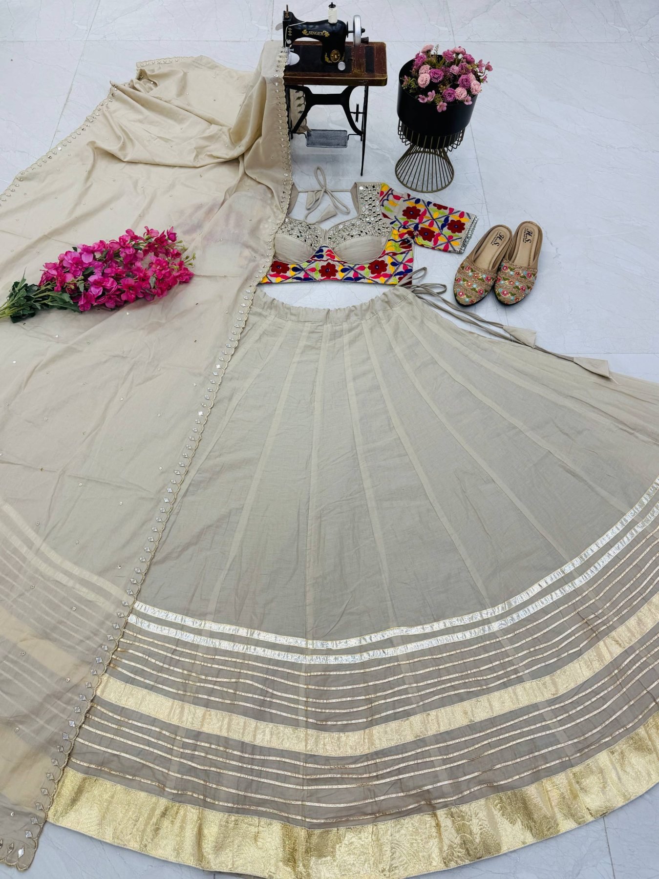 Cream Kota Thread Lehenga Set — view 13