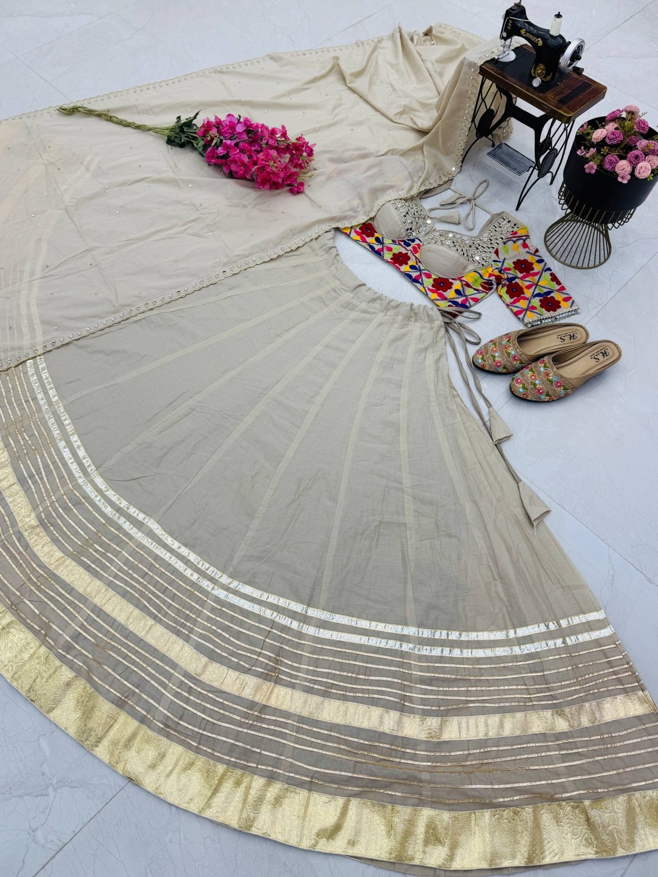 Cream Kota Thread Lehenga Set — view 14