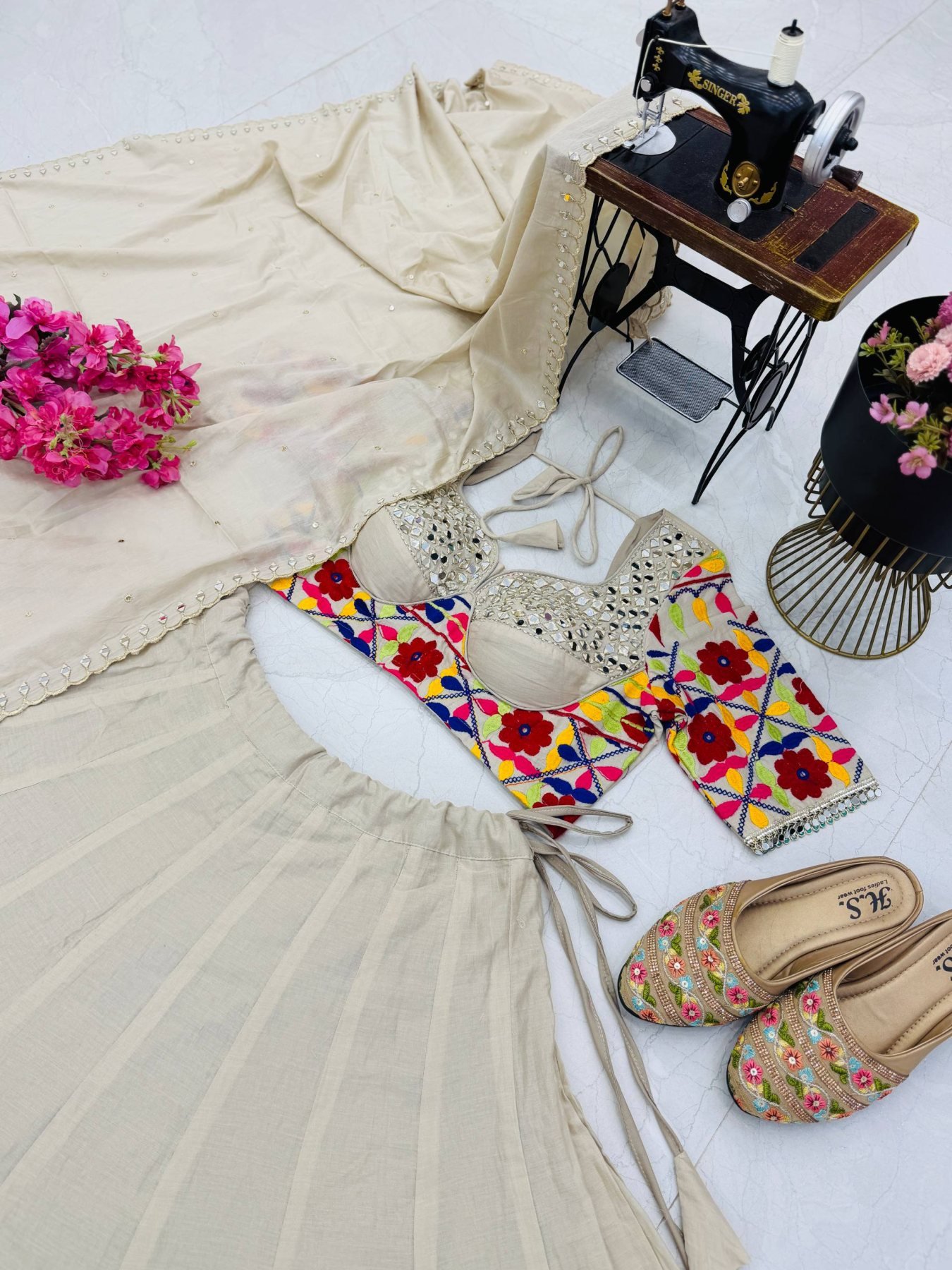 Cream Kota Thread Lehenga Set — view 18