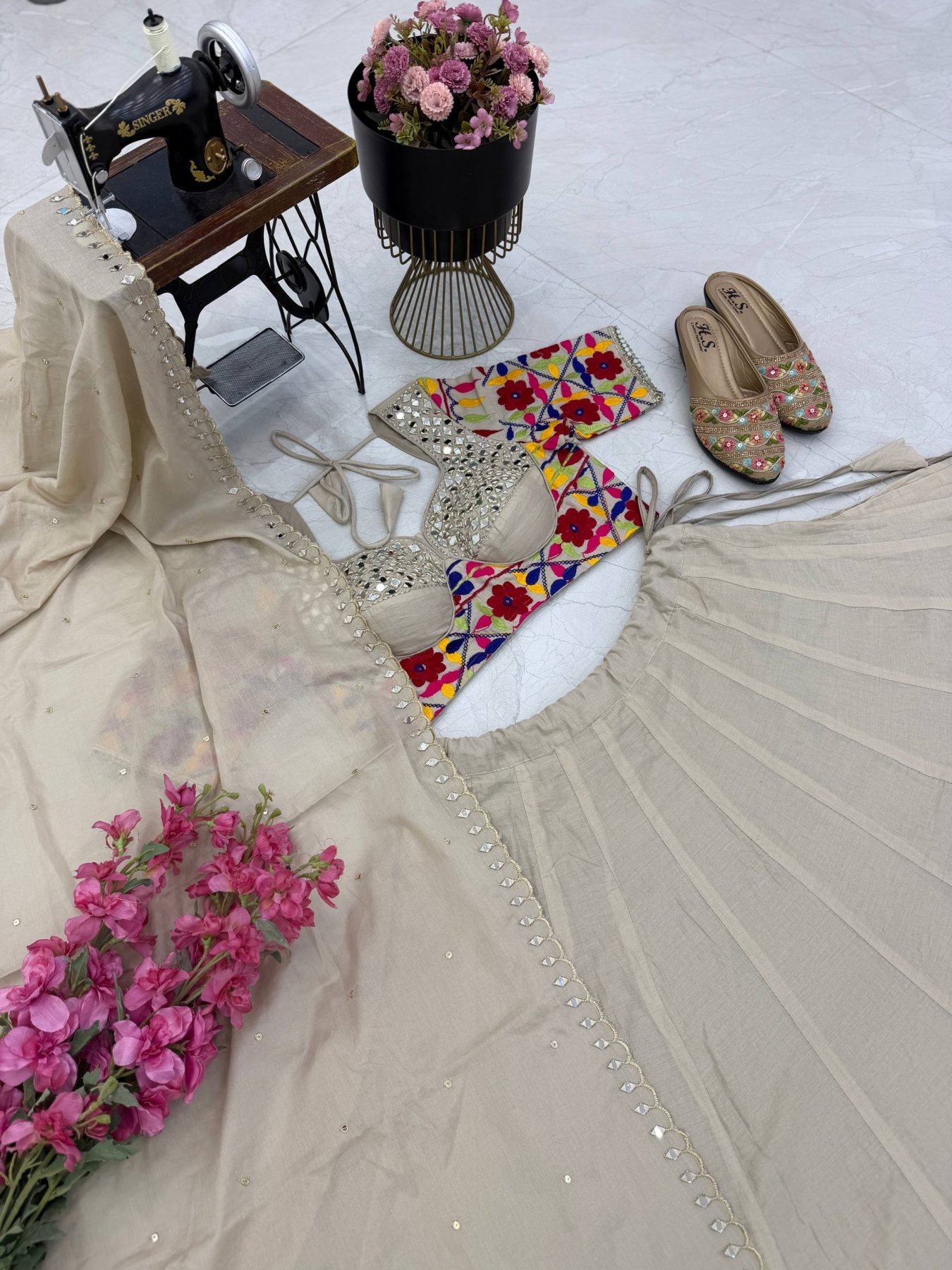 Cream Kota Thread Lehenga Set — view 19