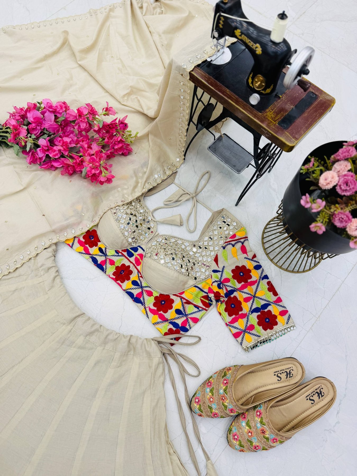 Cream Kota Thread Lehenga Set — view 20