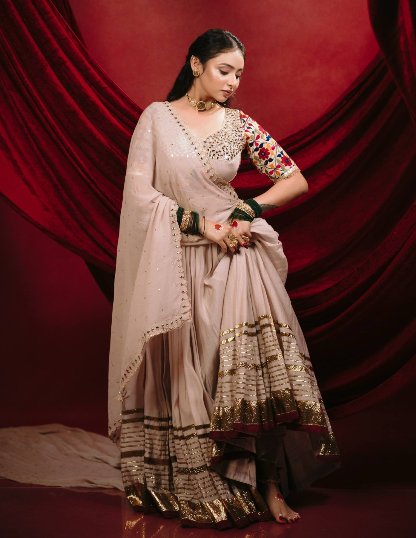 Cream Kota Thread Lehenga Set — view 3